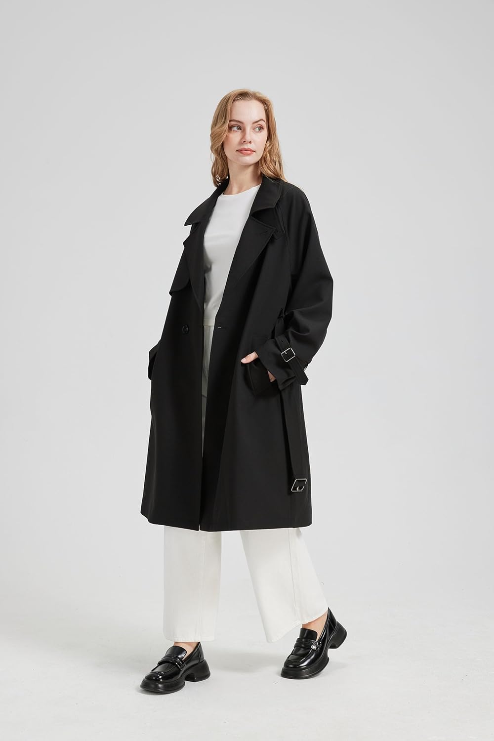 Womens Oversized Long Trench Coat Double Breated Lapel Overcoat With Belt