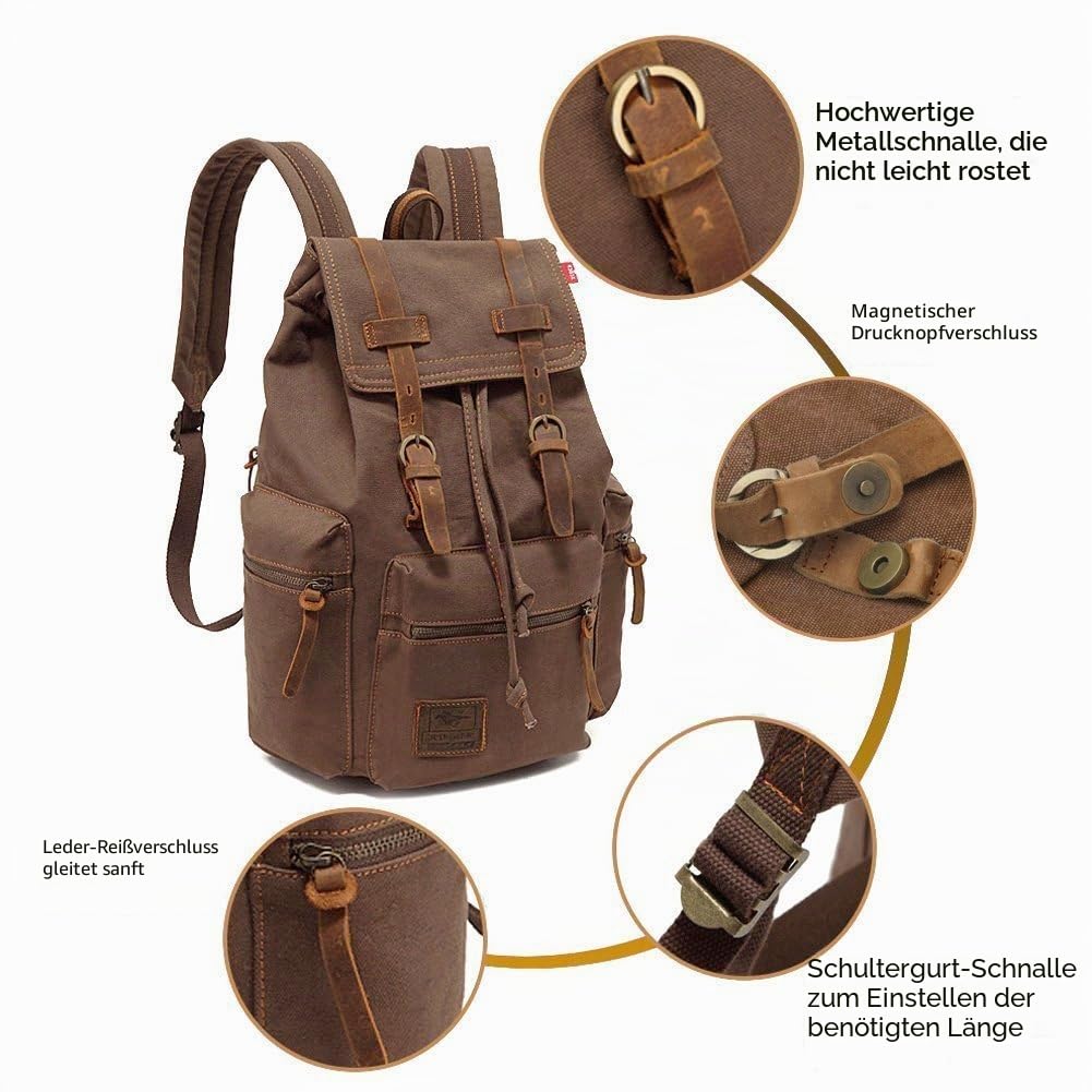 koolehaoda Vintage Canvas Lederrucksack Unisex Casual College Bag Wandertasche 17-Zoll-Laptop Business Rucksack Canvas Rucksack (L- Kaffee)