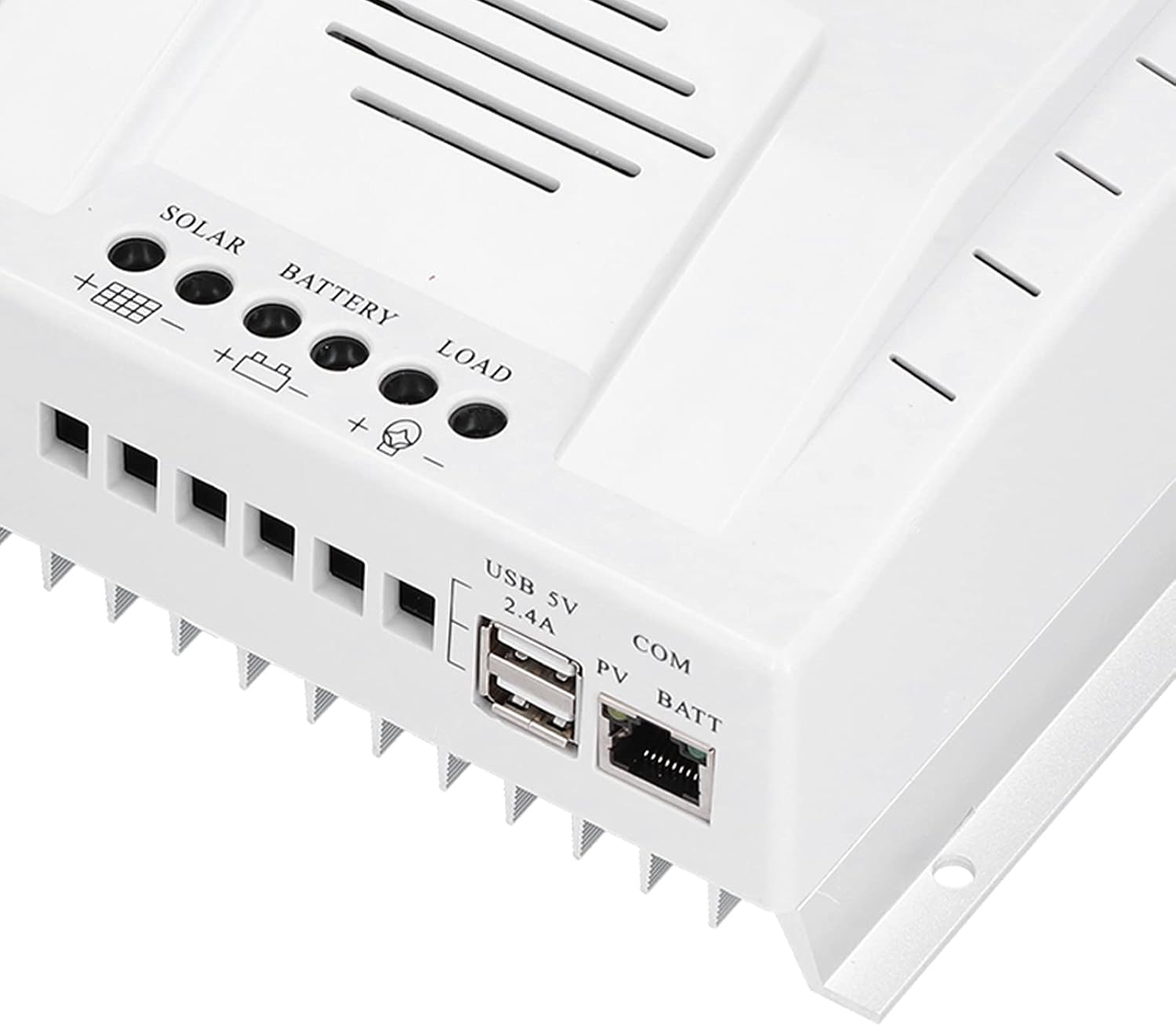 Close-up of the P60 MPPT Charge Controller's USB and COM ports