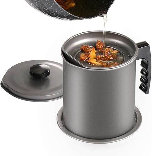 Cambom Contenedor de grasa de tocino con colador, 1.6 L1.7 cuartos (casi 7 tazas llenas) lata de aceite de cocina de hierro con bandeja extraíble