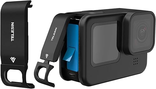 TELESIN Cubierta de puerta de batería de aluminio para GoPro Hero 13 12 11 10 9 baterías, clip de montaje de repuesto con puerto de carga tipo C