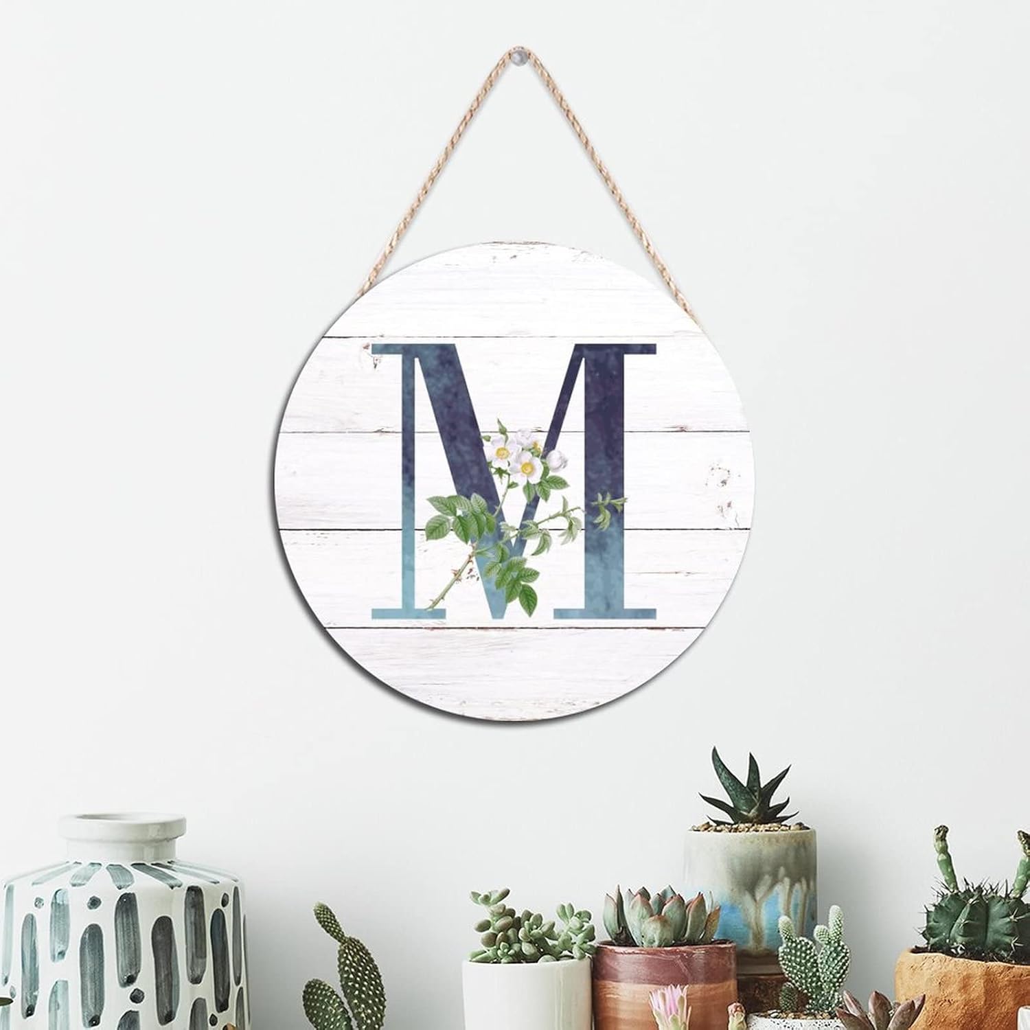 Welcome Sign Front Decor Monogram Initial M Blue Round Wooden Signs Alphabet White Floral Wooden Plaques Spring Flower 16in Farmhouse Wall Hanging Decor For Bath Toilet Restroom Half Bath Decor