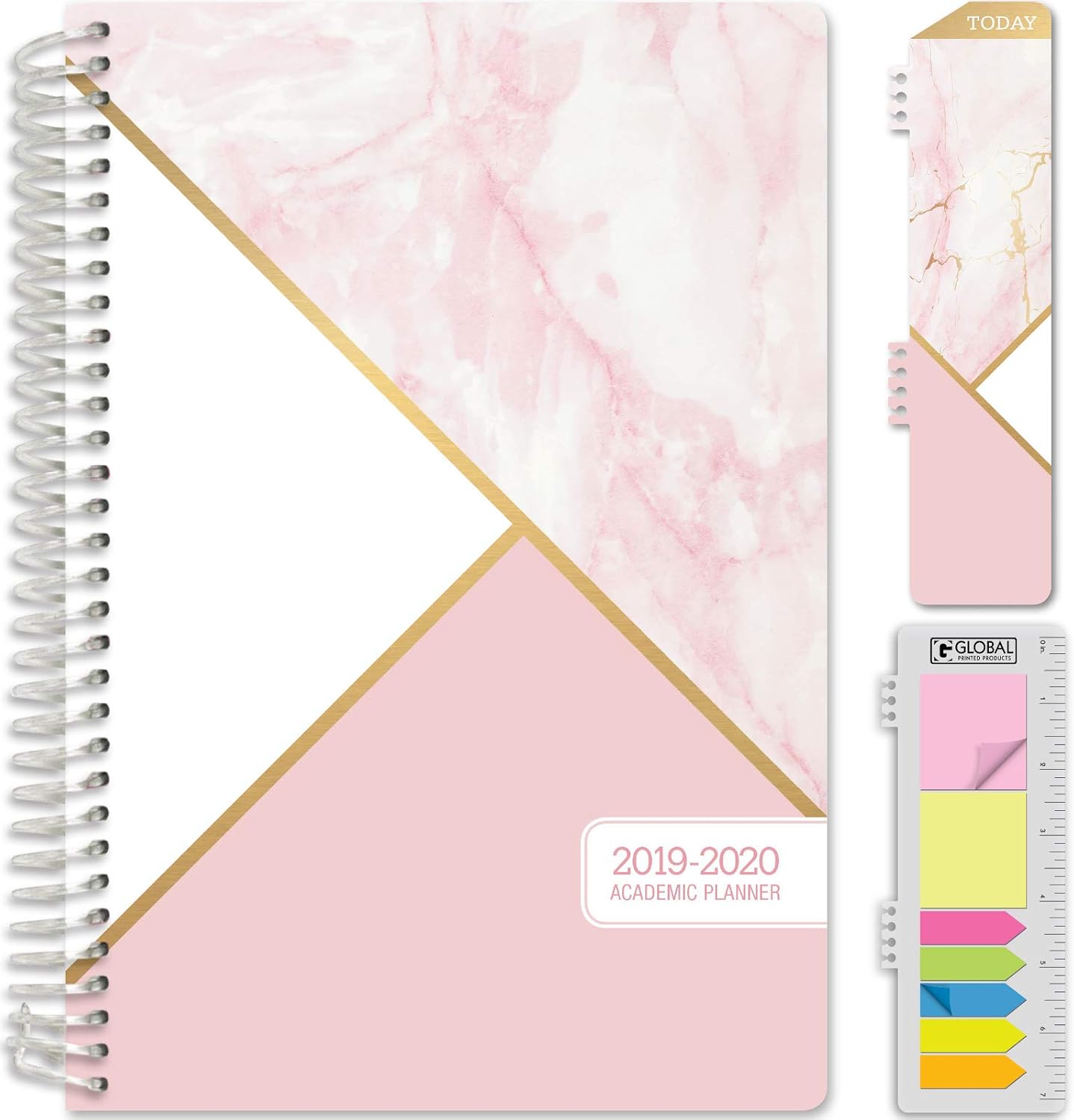 HARDCOVER Academic Planner 2019-2020: (June 2019 Through July 2020) 5.5 Daily Weekly Monthly Planner Yearly Agenda. Bonus Bookmark, Pocket Folder and Sticky Note Set (Pink Marble Triangles)