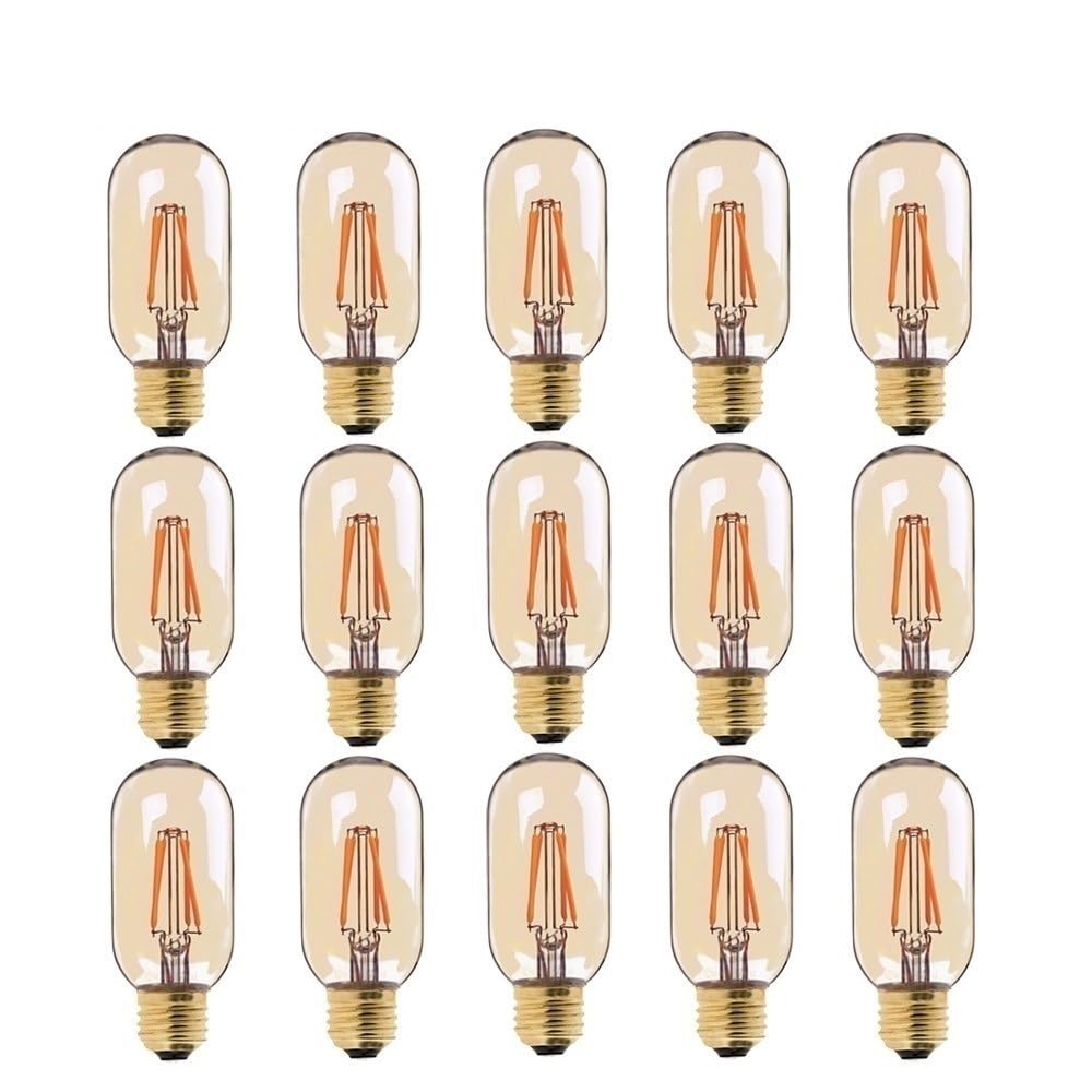 HHF Iluminación del hogar, Paquete de 15, Bombilla de Filamento LED E27 AC220V T45 4 Chips Lámparas Edison Tinte Ámbar Tubular 4W 2200K