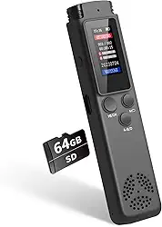 ASINNO Gravador de Voz Digital de 64 GB Ativado por Voz para Reuniões e Palestras, com Reprodução, Senha, Velocidade Variável, Carregador USB, MP3