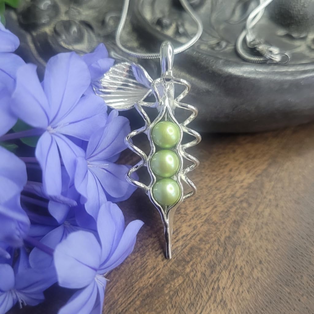 3 Green Peas Silver Pea Pod Necklace - Three Peas Green Freshwater Pearls and Sterling Silver - Gift Boxed with Story Card - Each Unique Handmade in USA