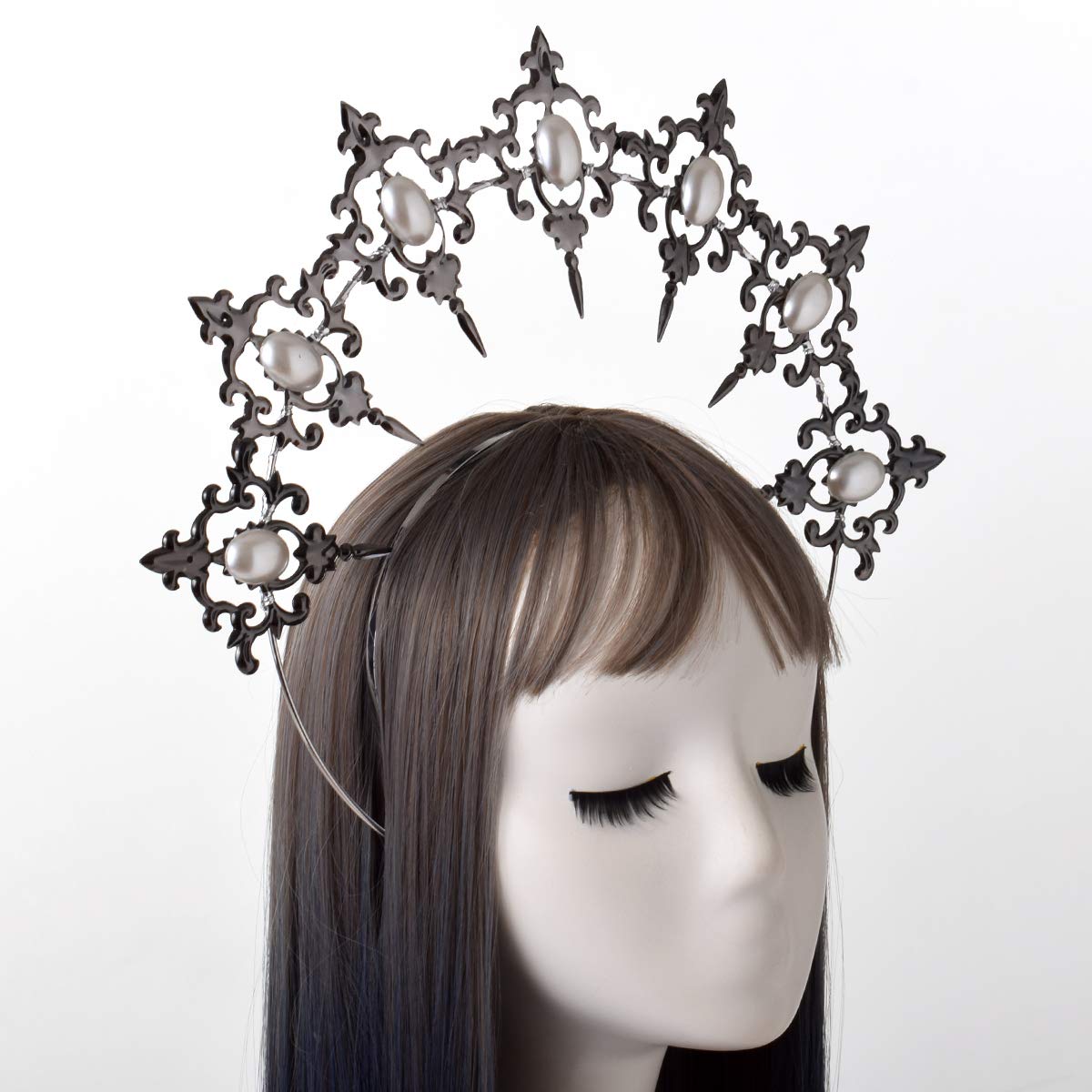 BLESSUME Halo Crown Mary Goddess Headband Women Halloween Costume Headpiece, Black 2, Taglia unica - Image 2