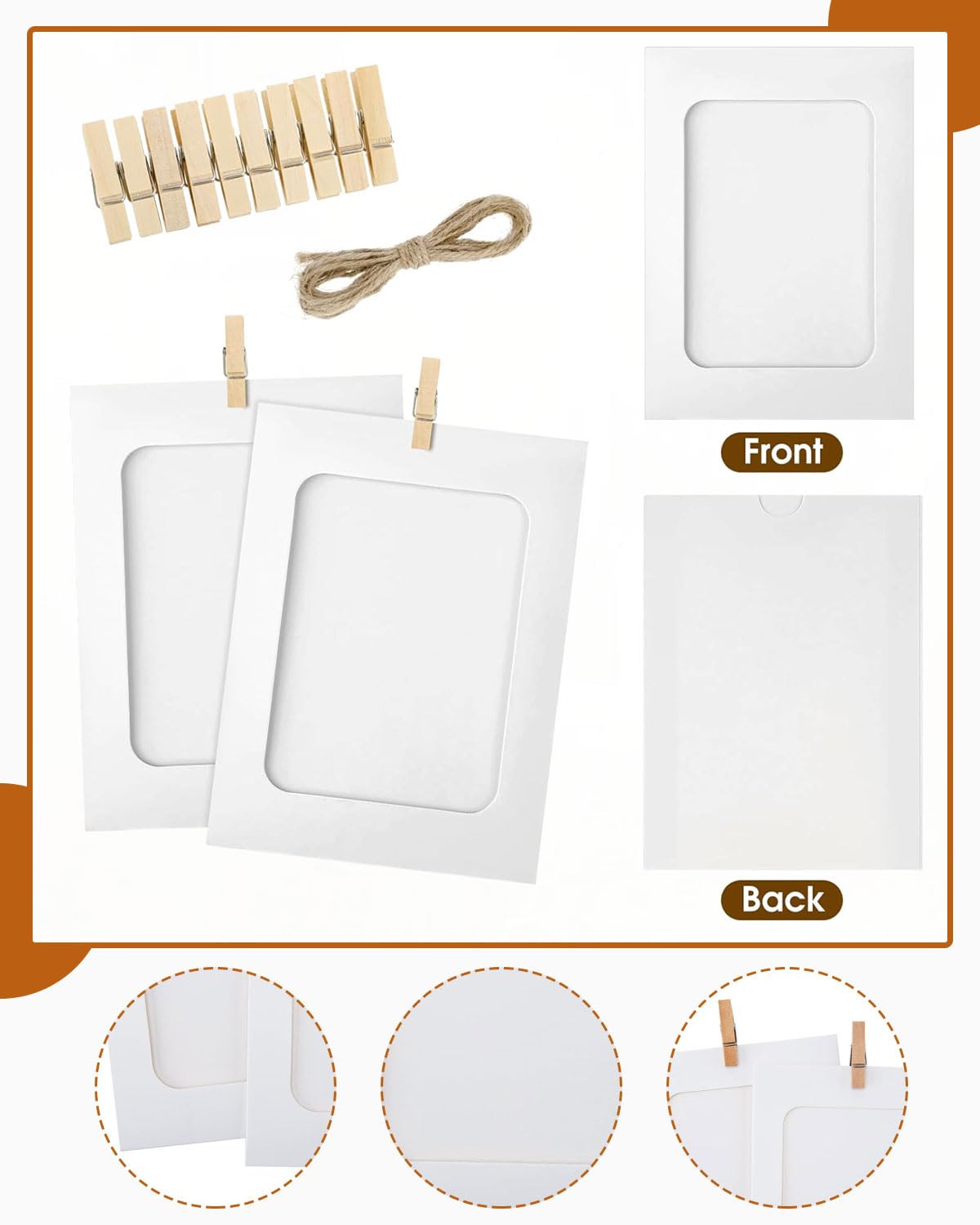 Cadres Photo en Papier 20pcs DIY Mini Clips en Bois Cordes en Chanvre Décoration Murale Maison