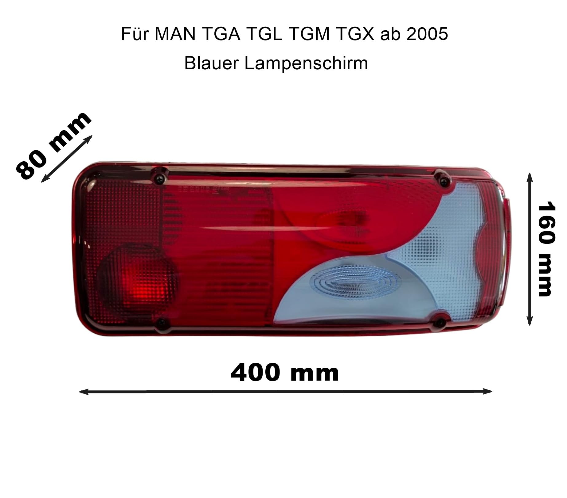 2x Rückleuchten Set LKW & Nutzfahrzeuge | 12V/24V | E-geprüft | für MAN, Sprinter, Scania, Anhänger | 400x160x80mm | Blauer or Weißer Lampenschirm (Rückleuchte – MAN TGA/TGX – Blau SET)