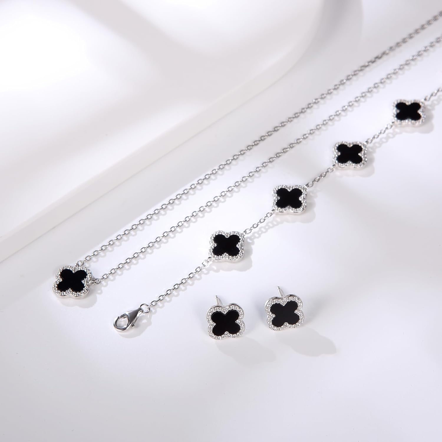 Four Leaf Clover Earrings 925 Sterling Silver for Women,Stud Earrings Jewelry with Black Onyx and Mother of Pearl,Elegant Gift for Her - Image 4