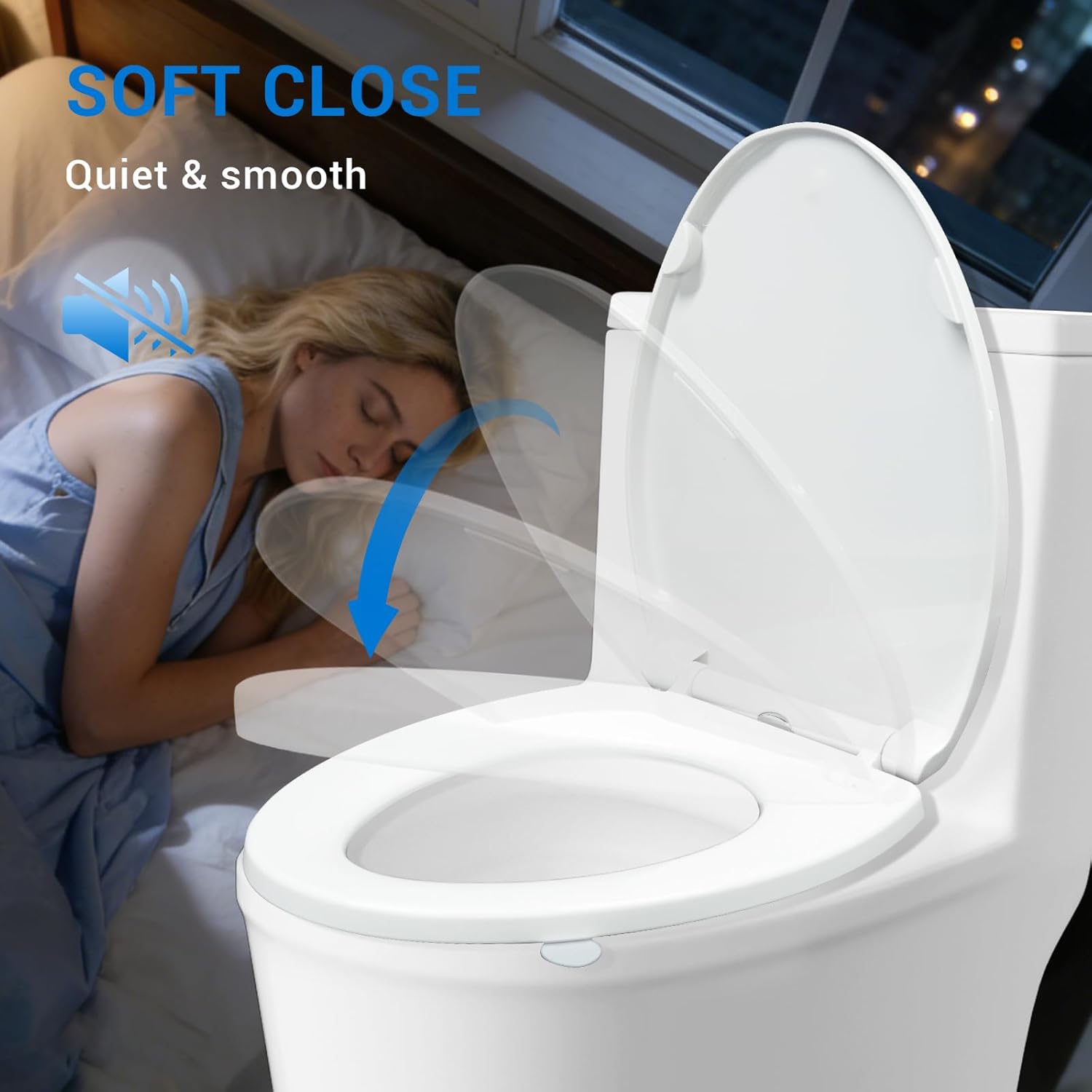 KHE Elongated Toilet Seat 18.5 Inch, Soft Close Toilet Seat with No-Touch Handle, Quick Release for Easy Cleaning, Non-Slip Bumpers, Durable PP, White