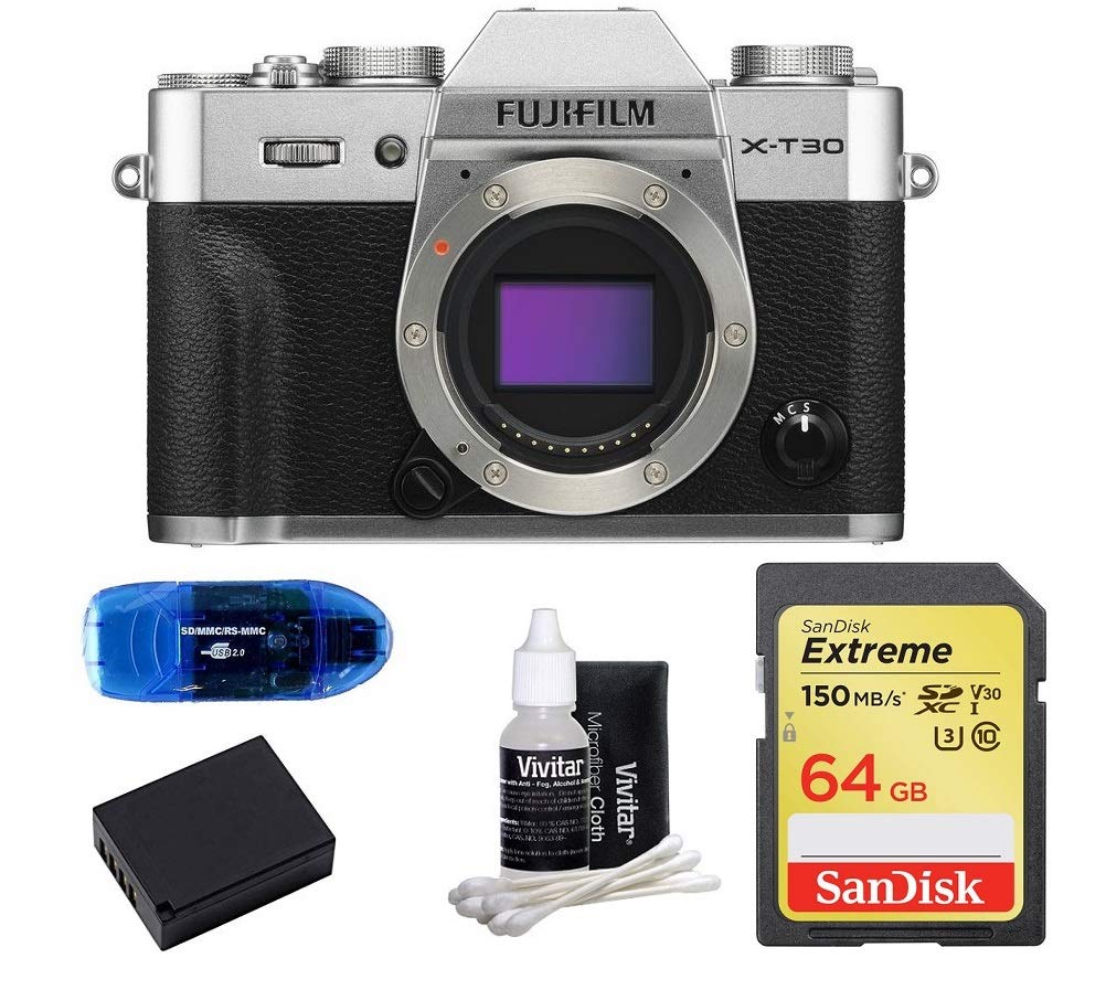 FUJIFILM X-T30 Mirrorless Digital Camera Body (Silver) Bundle, Includes: SanDisk 64GB Extreme SDXC Memory Card, Card Reader, Spare Battery and Lens Cleaning Kit (5 Items)