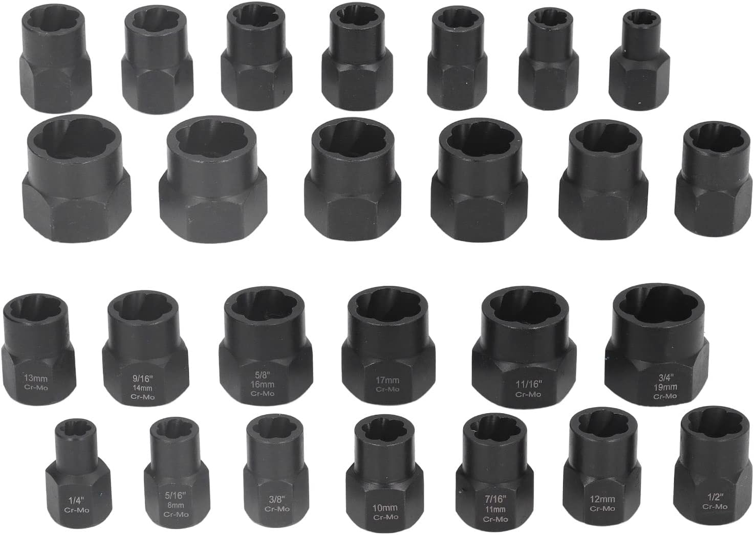 Impact Nut Bolt r Set, Rusted Damaged Stripped Extractor Tool Kit, High Hardness Chrome Molybdenum Steel, Metric and SAE Sizes, with Clear Label and Storage Box