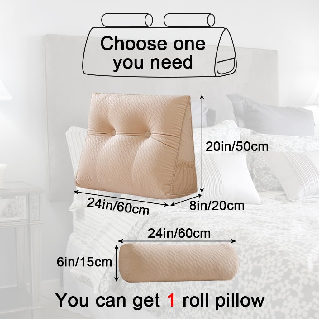 Velvet Triangular Headboard Wedge Pillow With Roll Pillow,Removable Cover Headboard Pillow Daybed Bunk Bed,Backrest Positioning Support Pillow Resting Reading Relaxing (Beige, Small(24 * 20 * 8in))
