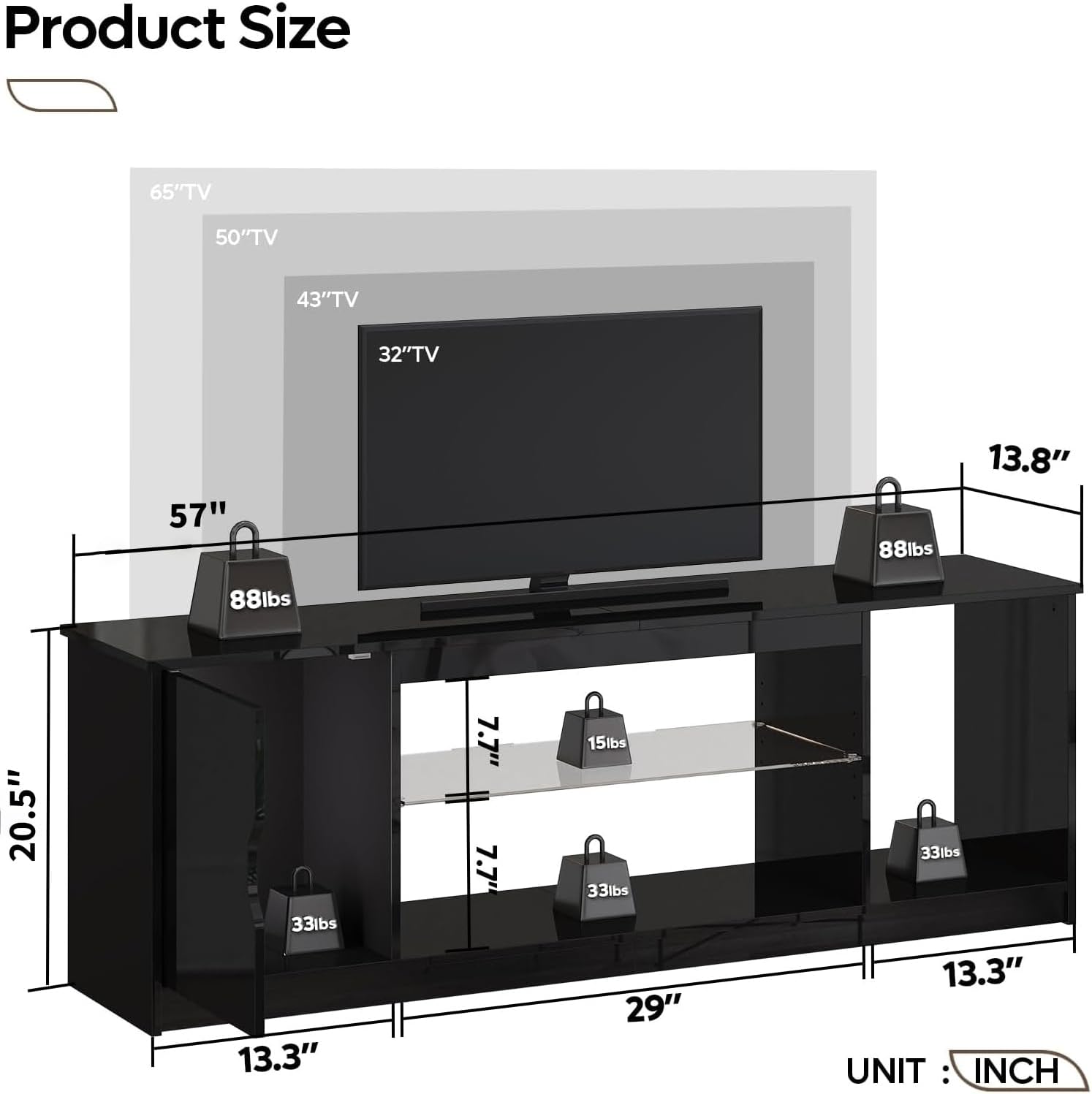 Bestier 57" Gloss Black Media Console - Gaming TV Stand for 65 Inch TV, Entertainment Center for PS5/Xbox Series X, Modern Home Theater Design, Adjustable Glass Shelves
