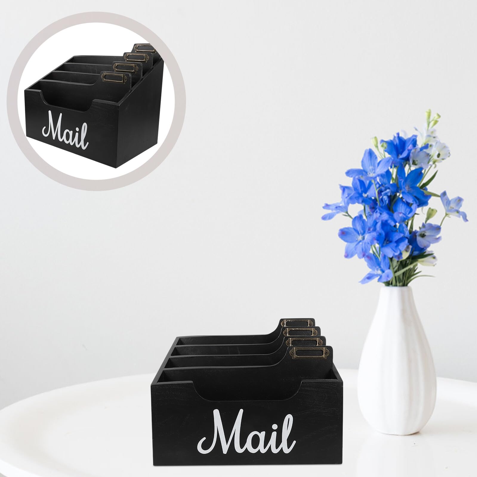 TOPBATHY Holz Schreibtisch Organizer mit Mehreren Fächern Mail Holder für Arbeitsplatte Papierkorb und Stiftehalter Minimalistische Büro Aufbewahrungsbox Schwarz Rustikaler Briefsortierer