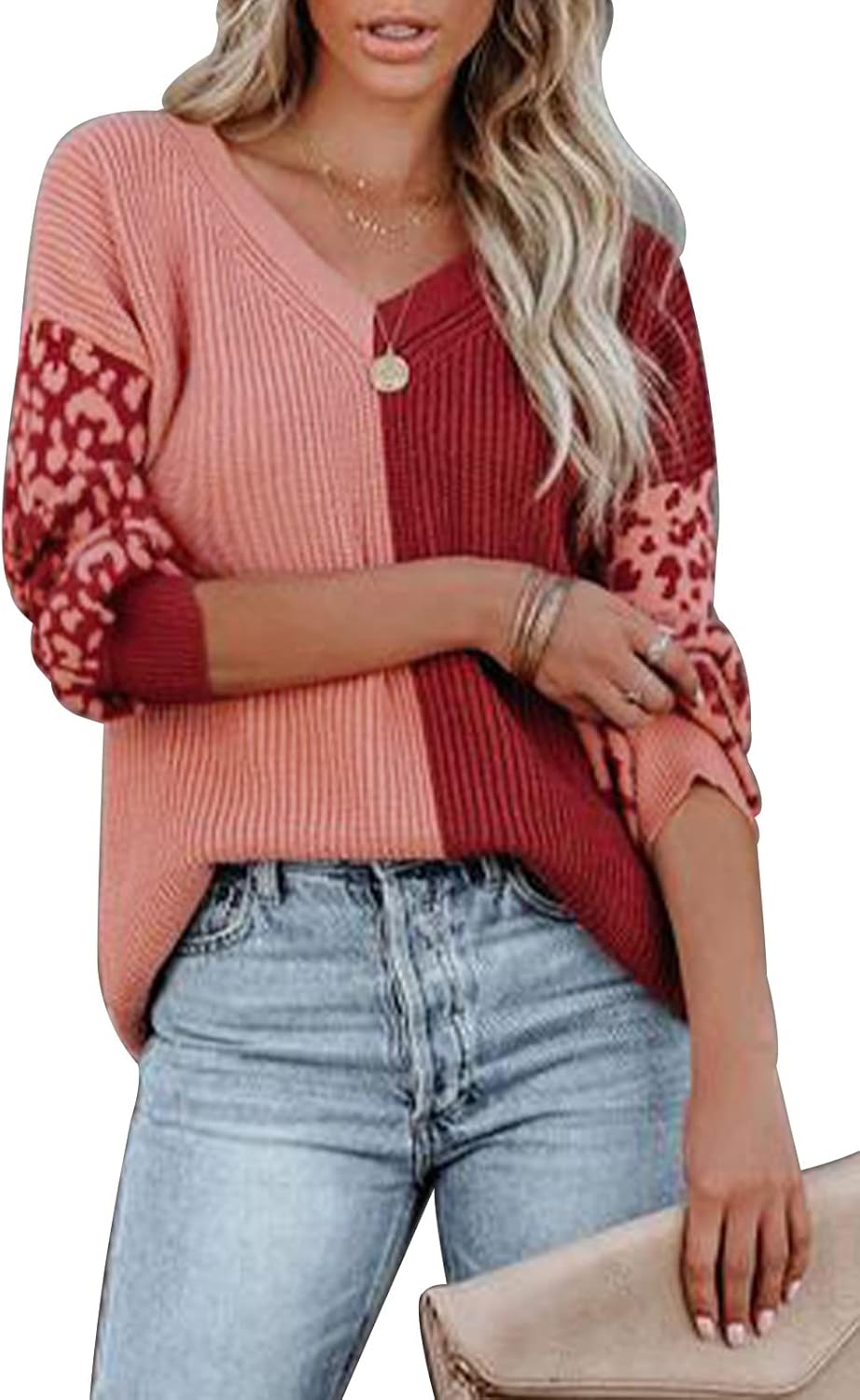 ANCAPELION Women’s V Neck Sweater Pullover Leopard Long Sleeve Basic Color Block Jumper Casual Knitted Tops