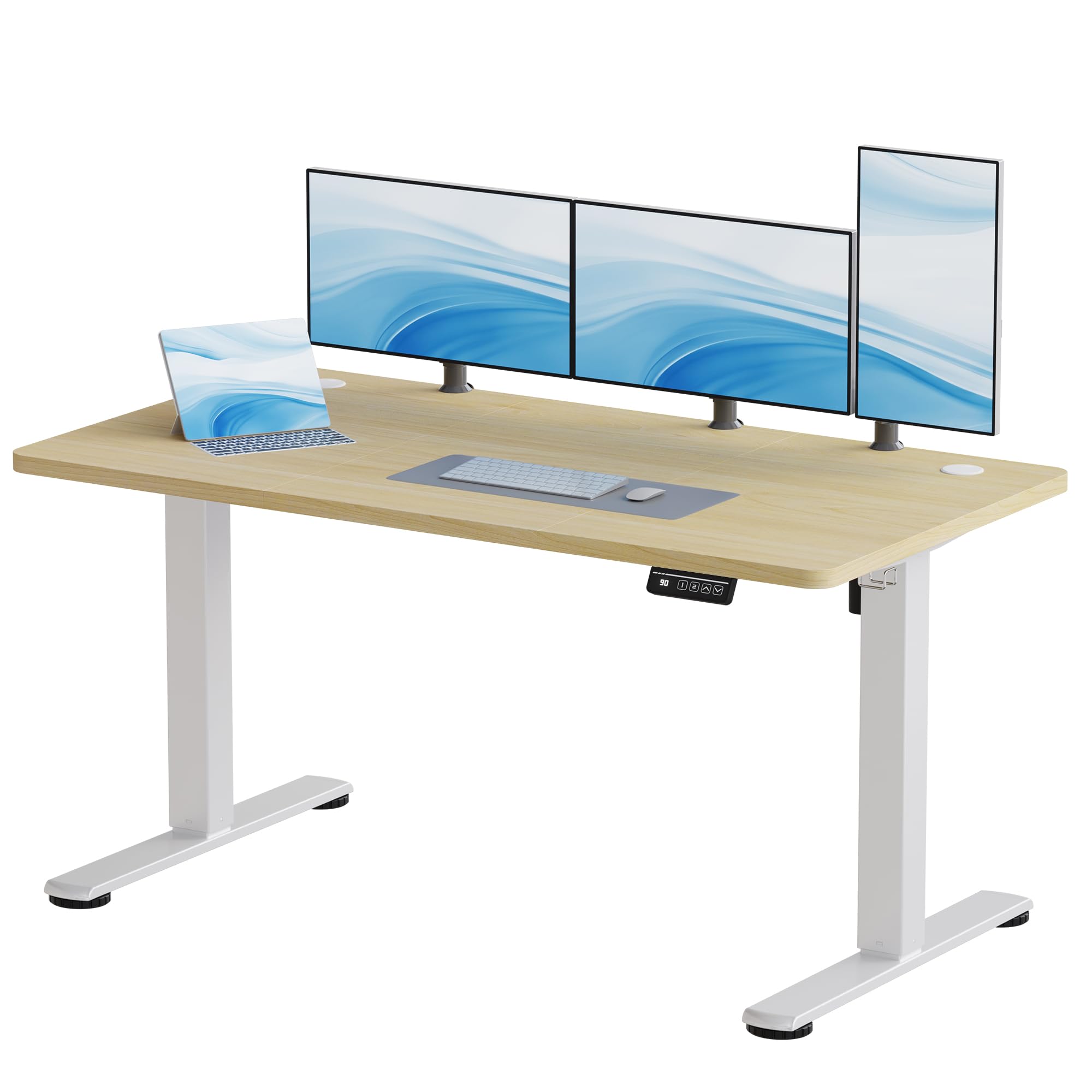 JUMMICO Electric Standing Desk Height Adjustable 140x60cm Sit Stand Table with Backpack Hook and Memory Smart Panel, Home Office, Beige