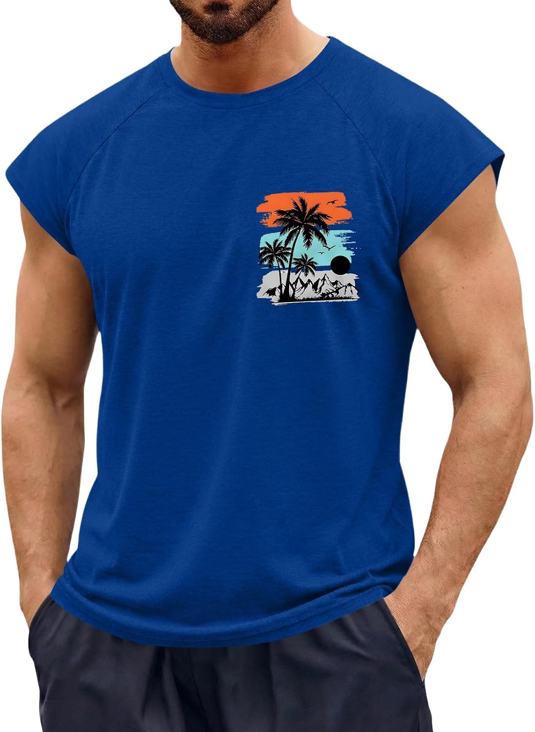 Mens Tank Tops Graphic Casual Palm Tree Print Sleeveless Shirts Crew Neck Tops Beach Vacation Cut Off Tee for Summer