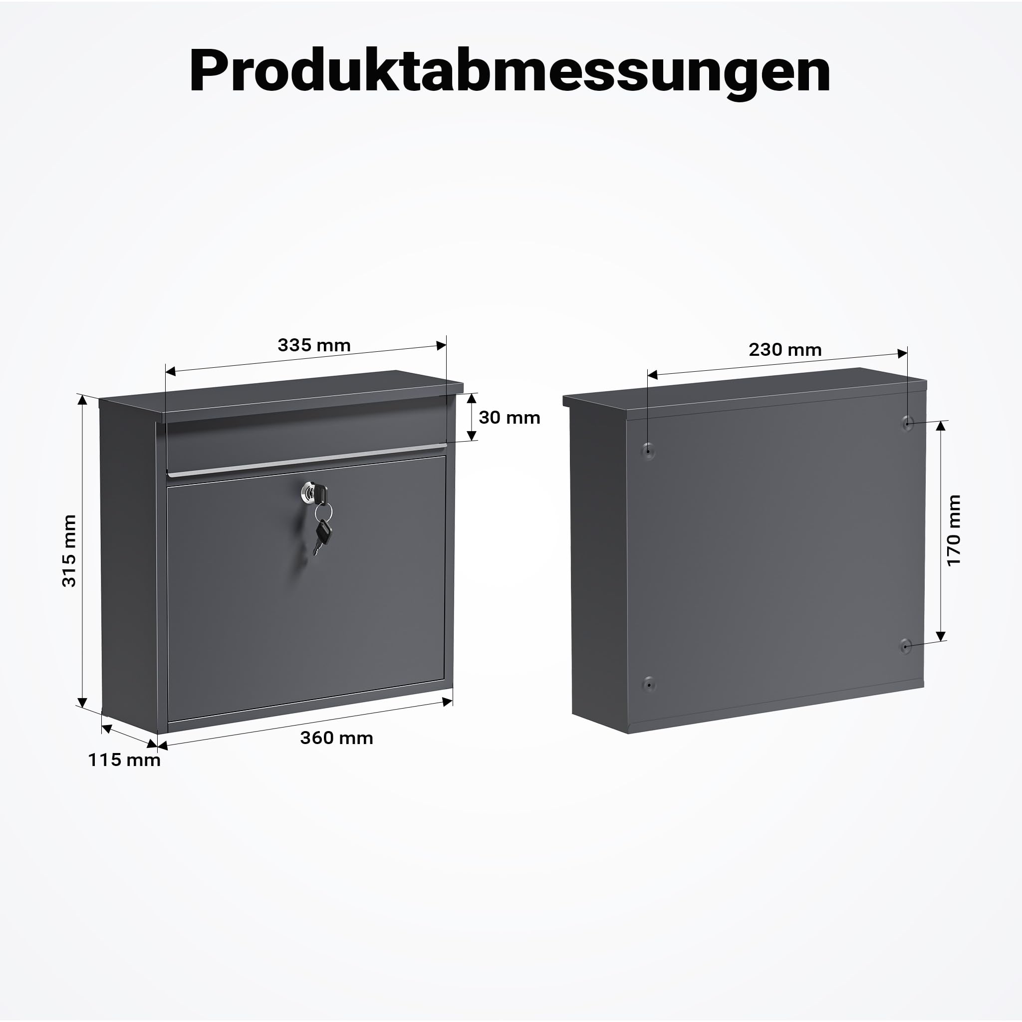 Wiltec Briefkasten V13 Anthrazit 360 x 105 x 315 mm, Wandbriefkasten mit Schloss und Klappe, Postkasten aus Stahl pulverbeschichtet