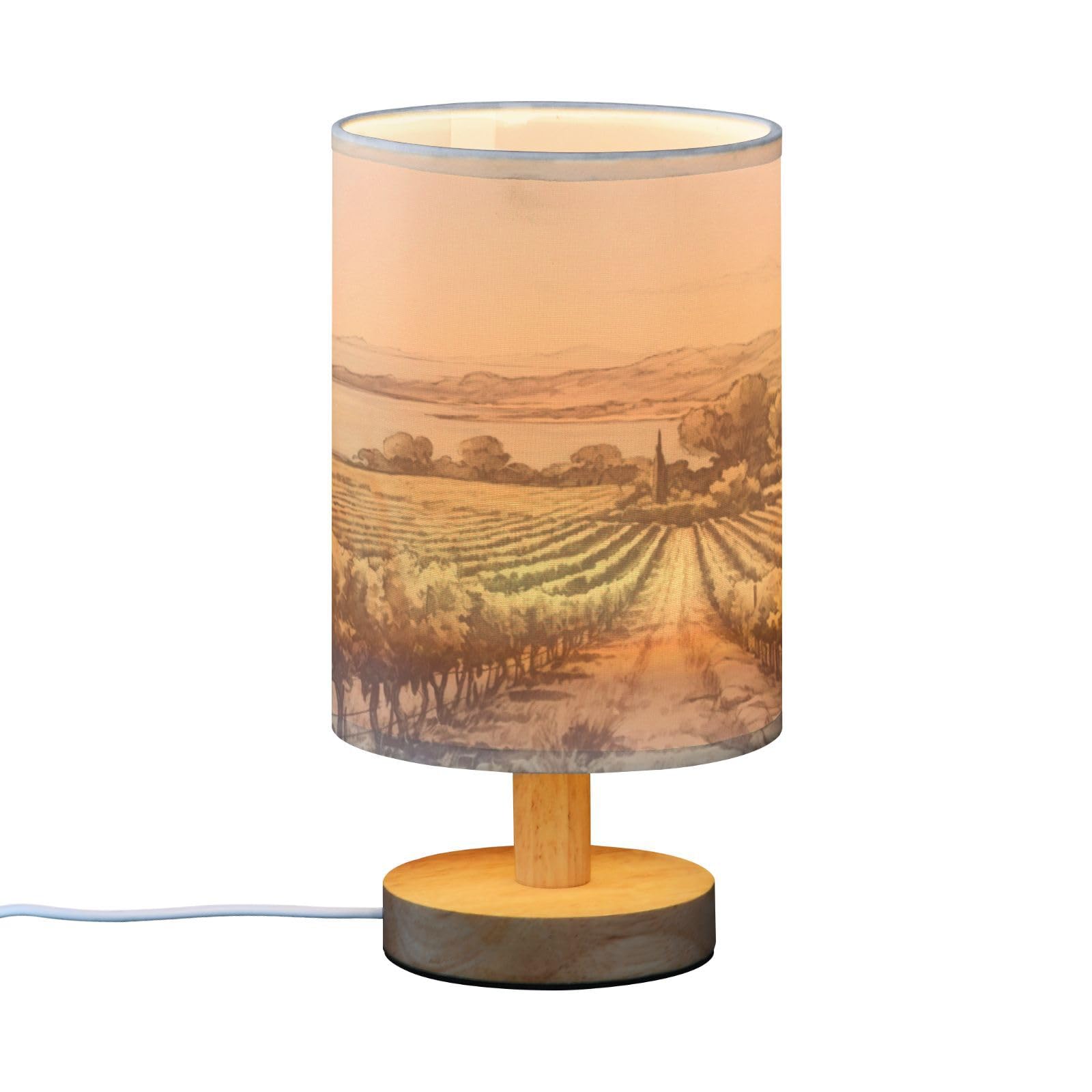 SDMKA Vintage Vineyard Painting Bedside Table Lamp for Bedroom, Minimalist Nightstand Lamp with Round Fabric Shade for Living Room, Office, No Bulb Required