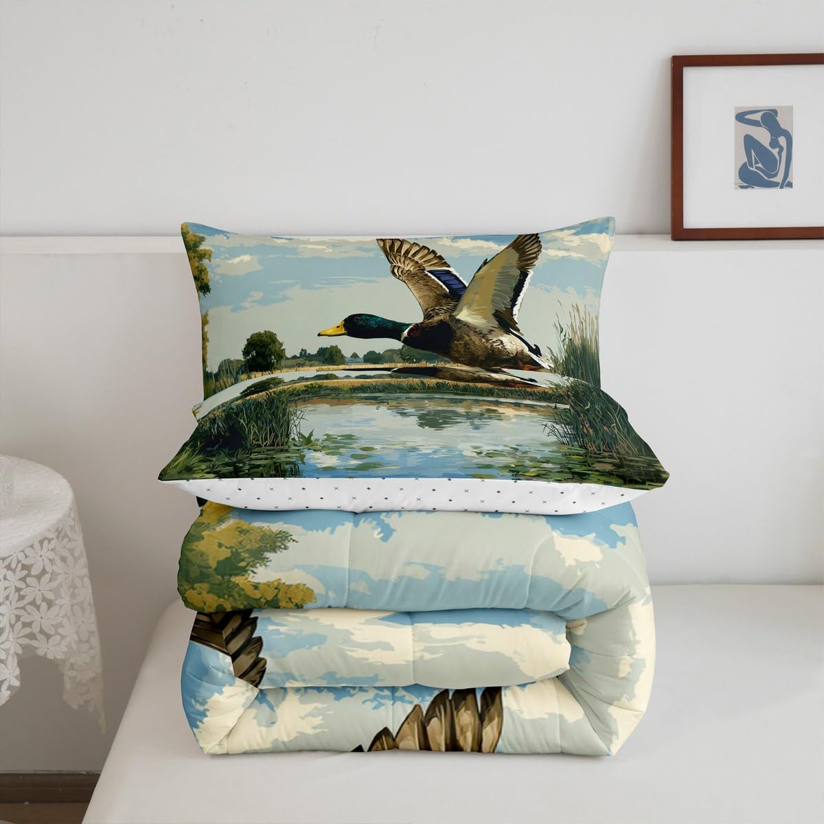 Homewish Zestaw pojedynczej kołdry z kaczką krzyżówką - leśna kaczka zestaw pościeli rustykalny styl farmhosue zestaw kołdry - naturalna kołdra bez pokrowca na morze wybrzeże