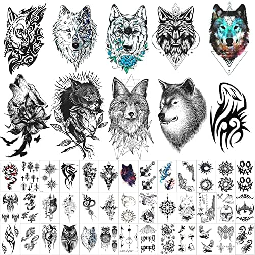 50 Sheets Forearm Half Sleeve Wolf Temporary Tattoos for Men Women Adults Fake Tattoos 3D Large Tribal Wolf Coyote Fake Tattoo Stickers Black Realistic Animals Art Tattoo