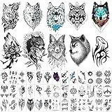 50 Sheets Forearm Half Sleeve Wolf Temporary Tattoos for Men Women Adults Fake Tattoos 3D Large Tribal Wolf Coyote Fake Tattoo Stickers Black Realistic Animals Art Tattoo