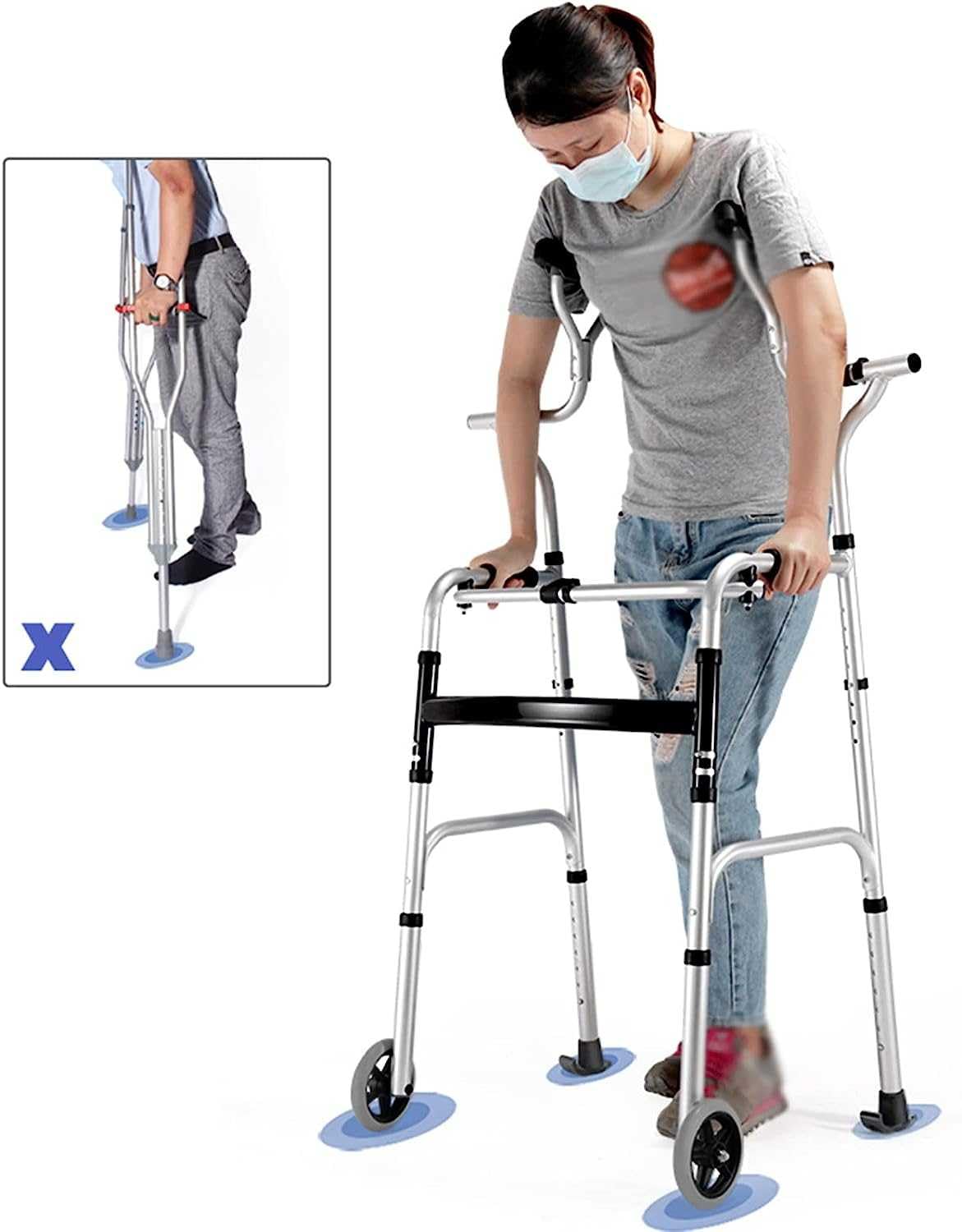 Andador de axilas plegable para ancianos discapacitados, altura ajustable y aleación de aluminio resistente, soporta hasta 180 kg