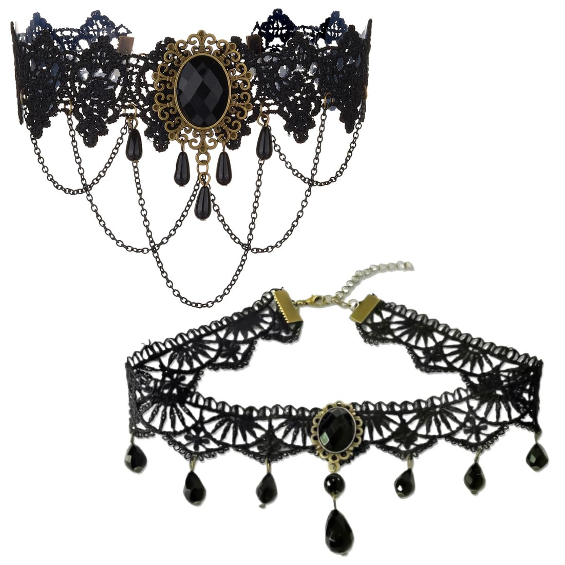 Girocollo Choker Gotica Steampunk con Cristalli, Accessori Vampiro e Pirata Cosplay, Festa Costumi Vintage, Punk Rock Decorazione Halloween, Collare per Donne e Ragazze, 2 Pezzi (Pizzo Nero)