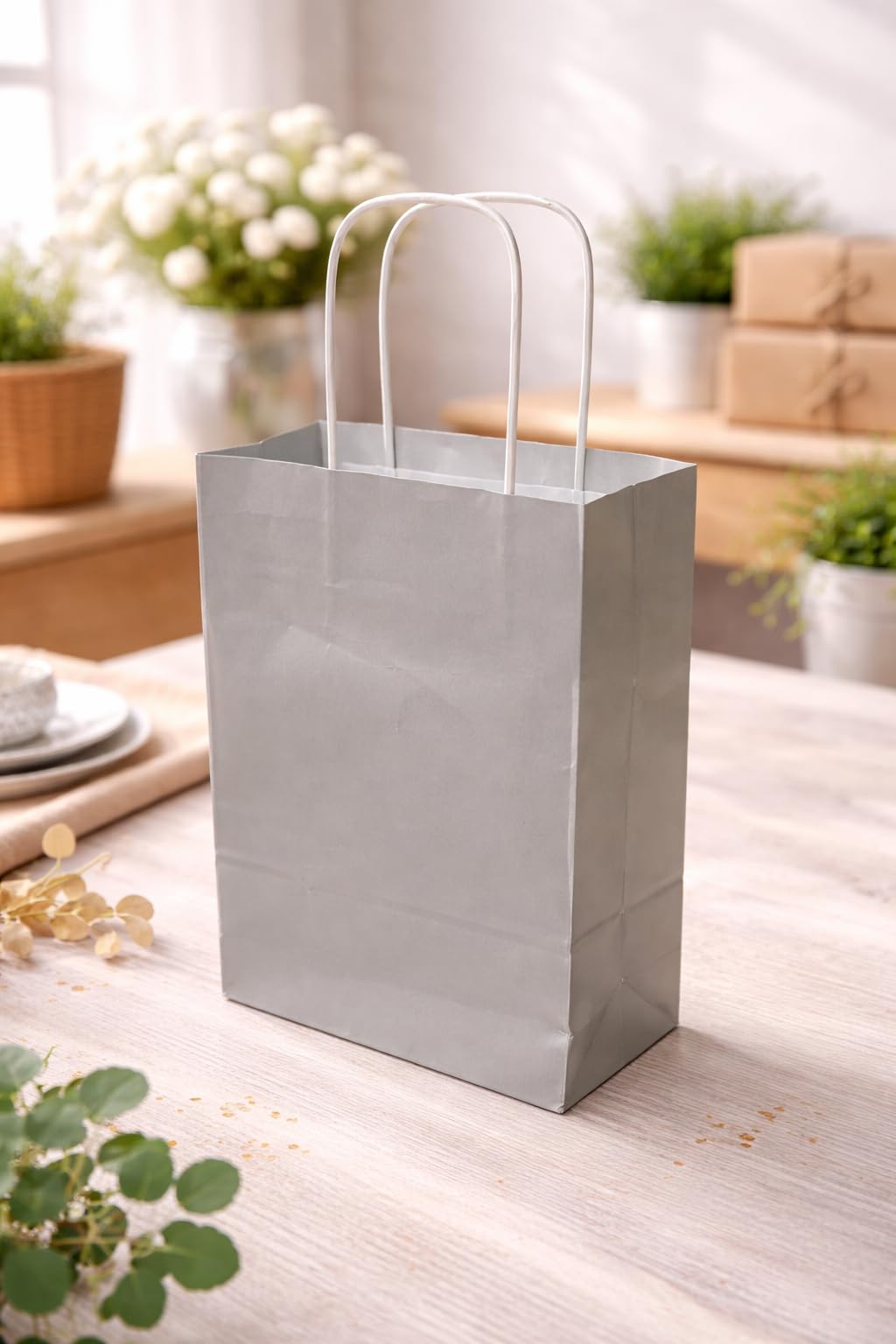 ÇELİKPENÇE Kraft Kağıt Çanta, Büküm Saplı, 18x24x8 cm, Hediyelik Butik Mağaza Poşeti, 25 Adet (Gümüş