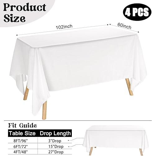 Miniatura 2 de Paquete de 4 manteles rectangulares de 60 x 102 pulgadas, manteles blancos para mesas rectangulares de 6 pies, manteles de poliéster lavables para