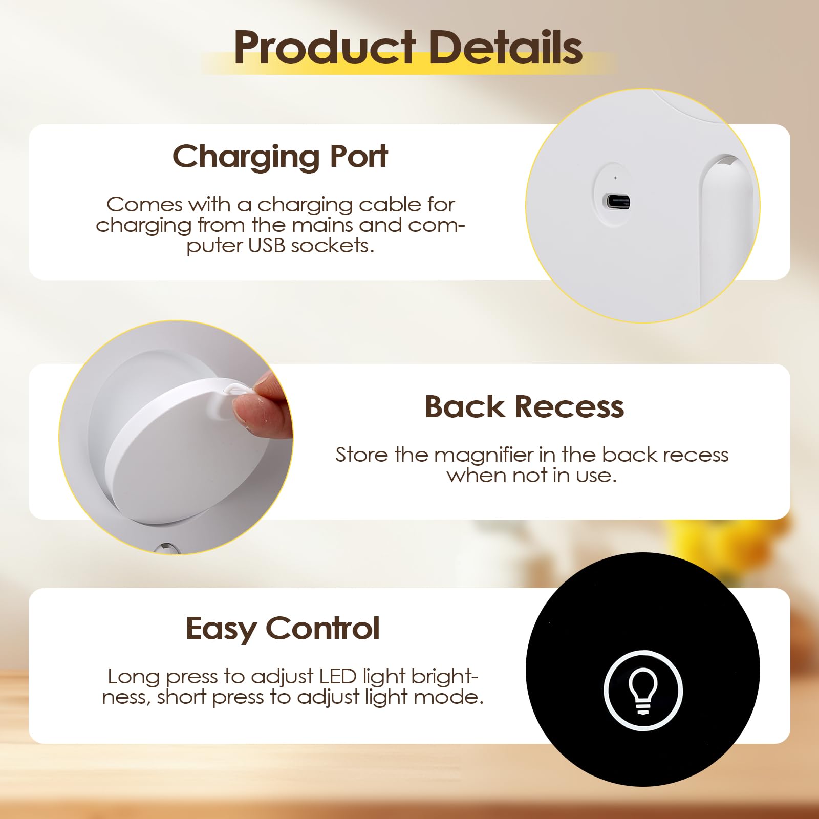 Cuteefun Miroir sur Pied Maquillage, Miroir Grossissant 5X avec Tiroir, 3 Couleurs de Lumière, Luminosité Réglable, Rechargeable par USB, Idéal pour Chambre à Coucher, Coiffeuse, Salle de Bain, Blanc