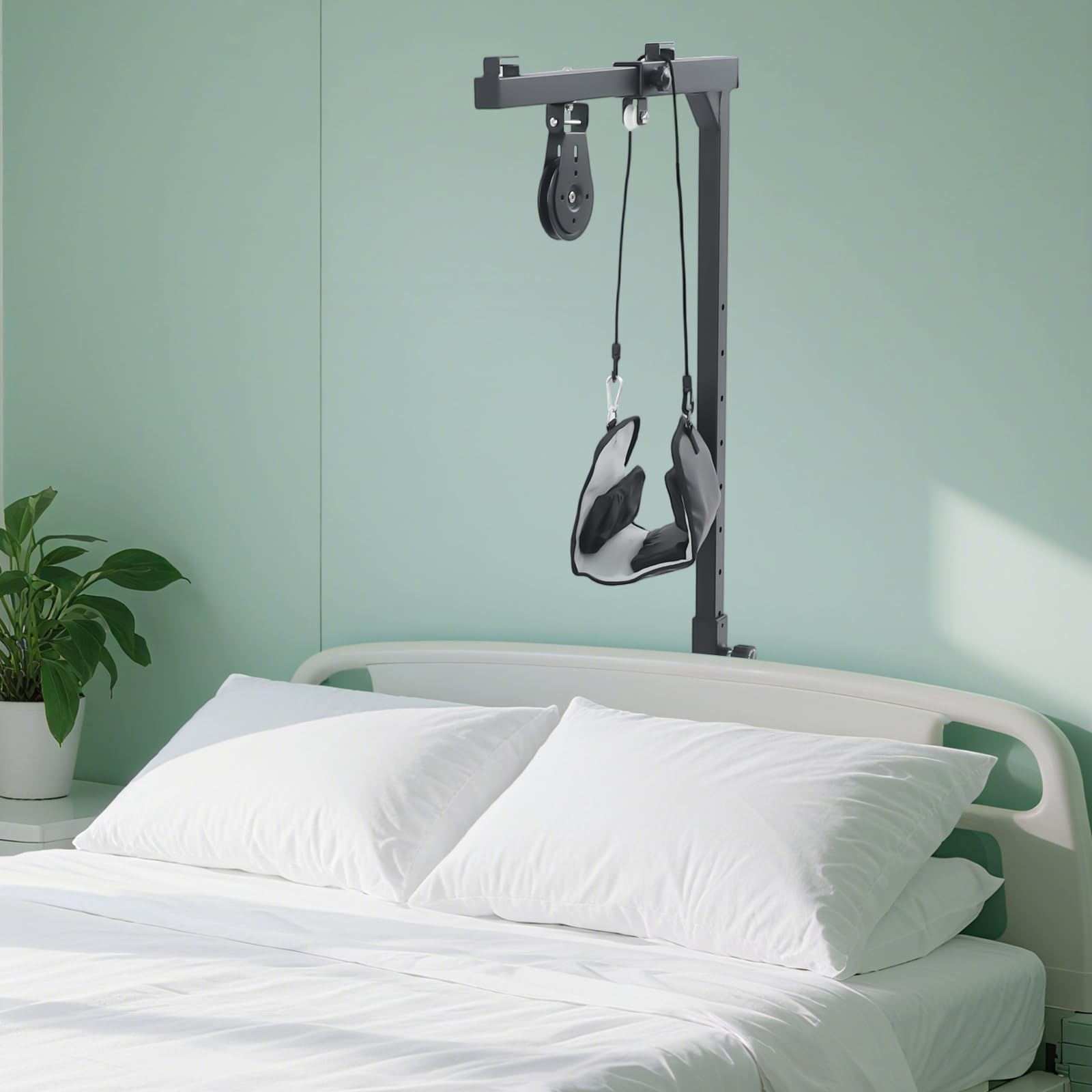 Elevador de cama de acero ajustable en altura ajustable, ayuda para dominadas de movilidad con mango trapezoidal, ayuda de elevación para ancianos y pacientes, hasta 100 kg (negro)