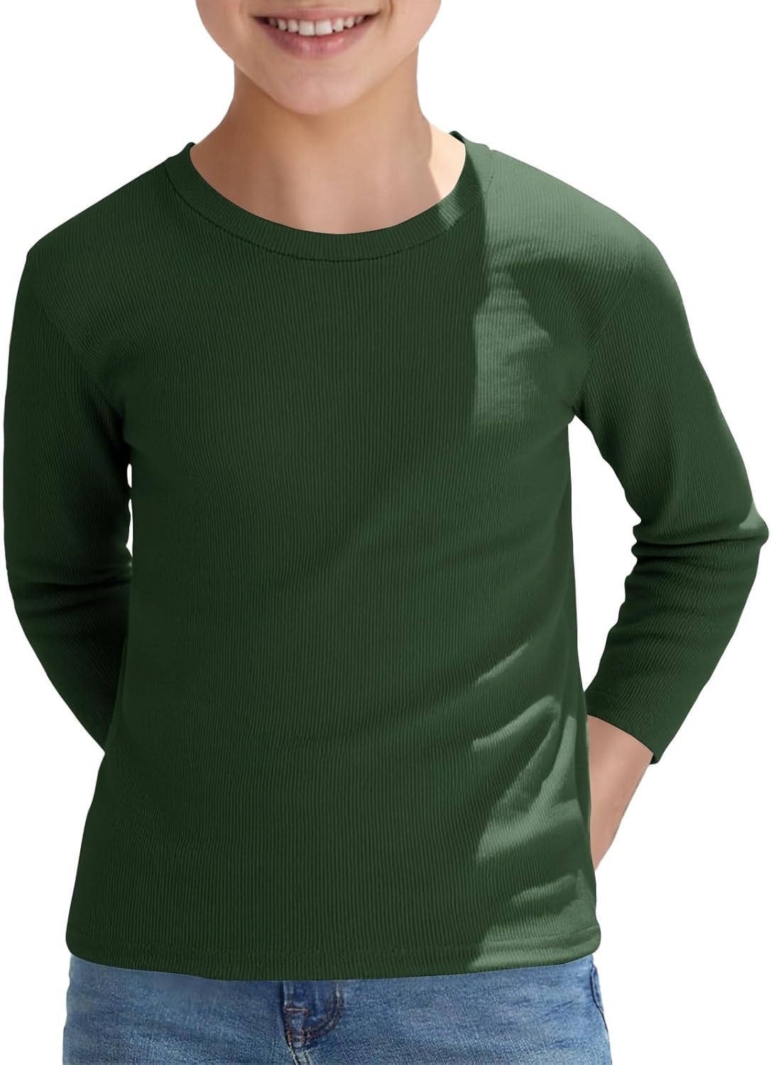 Haloumoning Boys Ribbed Long Sleeve Shirts Kids Casual Crewneck Solid Tops Tees 5-14 Years