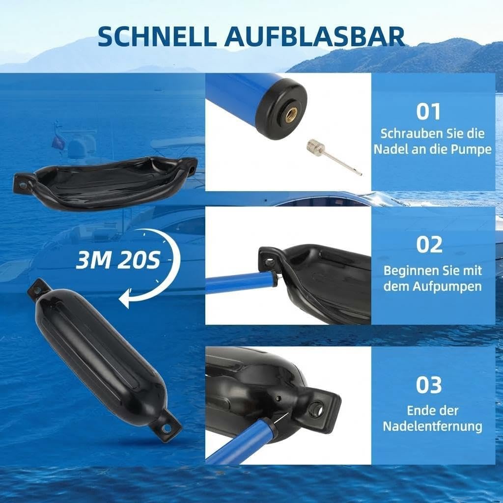 Garvee 4er Set Bootsfender Aufblasbar Mit Seilen, Luftpumpe & Tasche – Fender Für Boote 10–37 ft, Boot Puffer Anlegeschutz Für Yacht, Angelboot & Dock, Schwarz