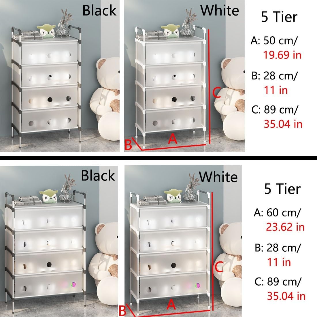 Shoe Rack, 3-7 Tier Reversible Shoes Storage Cabinet with Plastic Doors and 50 Disposable Shoe Covers, Metal Storage Organizer Shelf for Entryway Hallway, Easy to Build(White,50 cm/19.69 in(5-Tier))