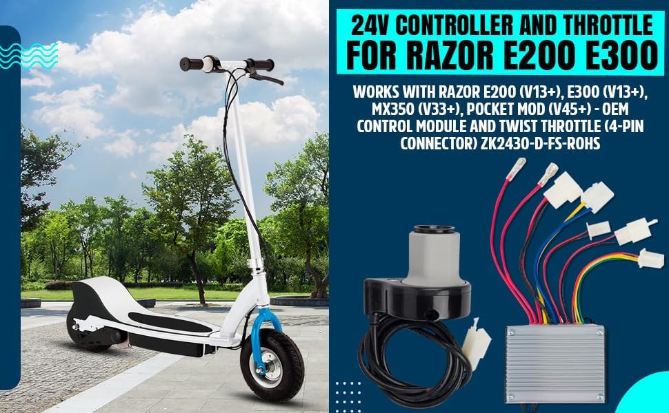 24V Controller and Throttle for Razor E200 E300 - Works with Razor E200 (V13+), E300 (V13+), MX350 (V33+), Pocket Mod (V45+) - OEM Control Module and Twist Throttle (4-Pin Connector) ZK2430-D-FS-ROHS