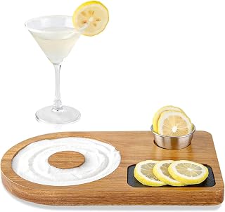Margarita Salt Rimmer Set - Acacia Wood Cocktail Salt & Sugar Rim Maker with Slate Board, Lemon Slicer & Serving Bowl - Bartender Tools for Margaritas, Bar Accessories