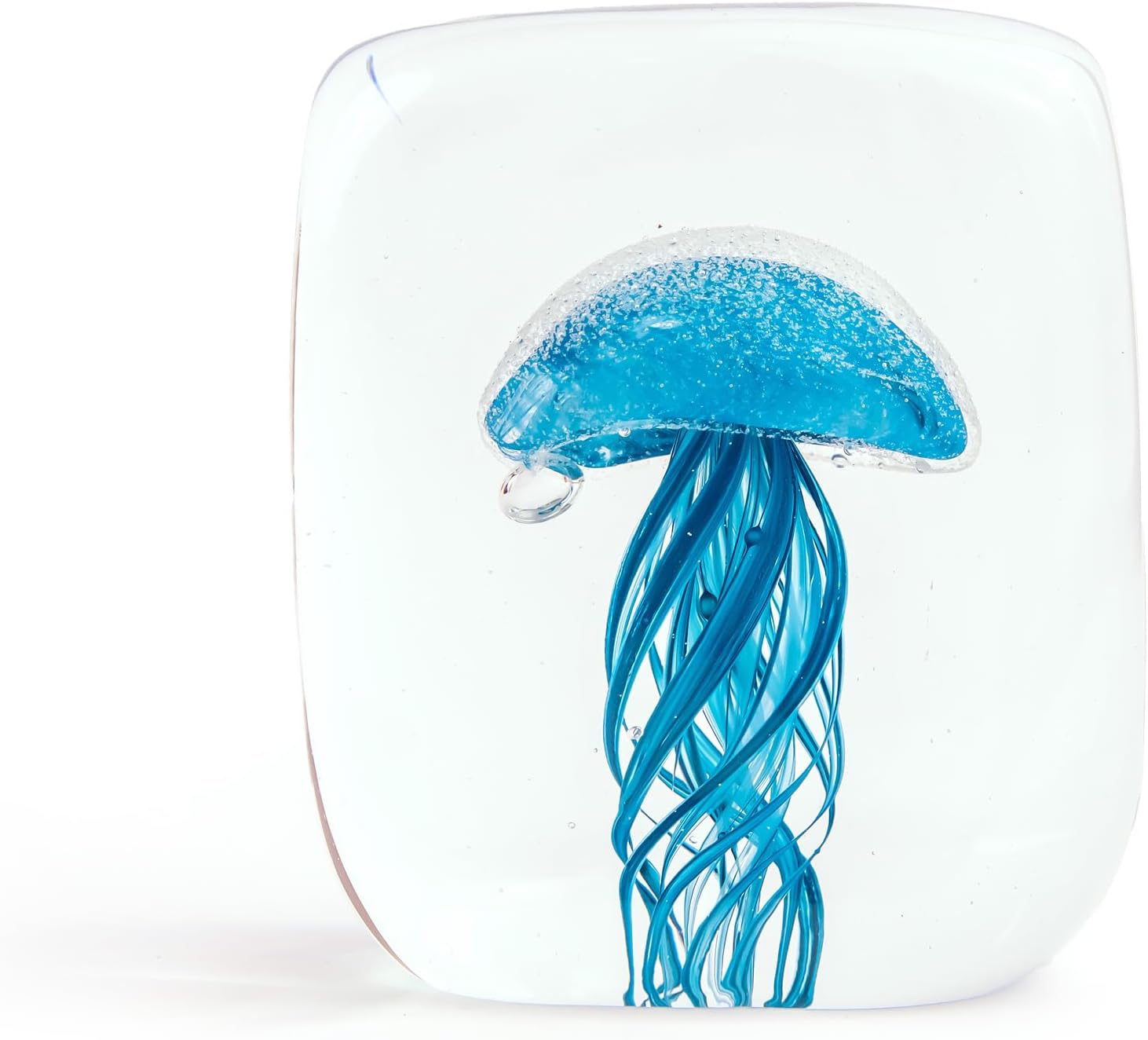 Hand-Blown Glass Jellyfish Paperweight, 4" Glow in The Dark Marine Animal Art Sculpture, Coastal Desk Decor, Ocean Collectible (Glacier Blue)