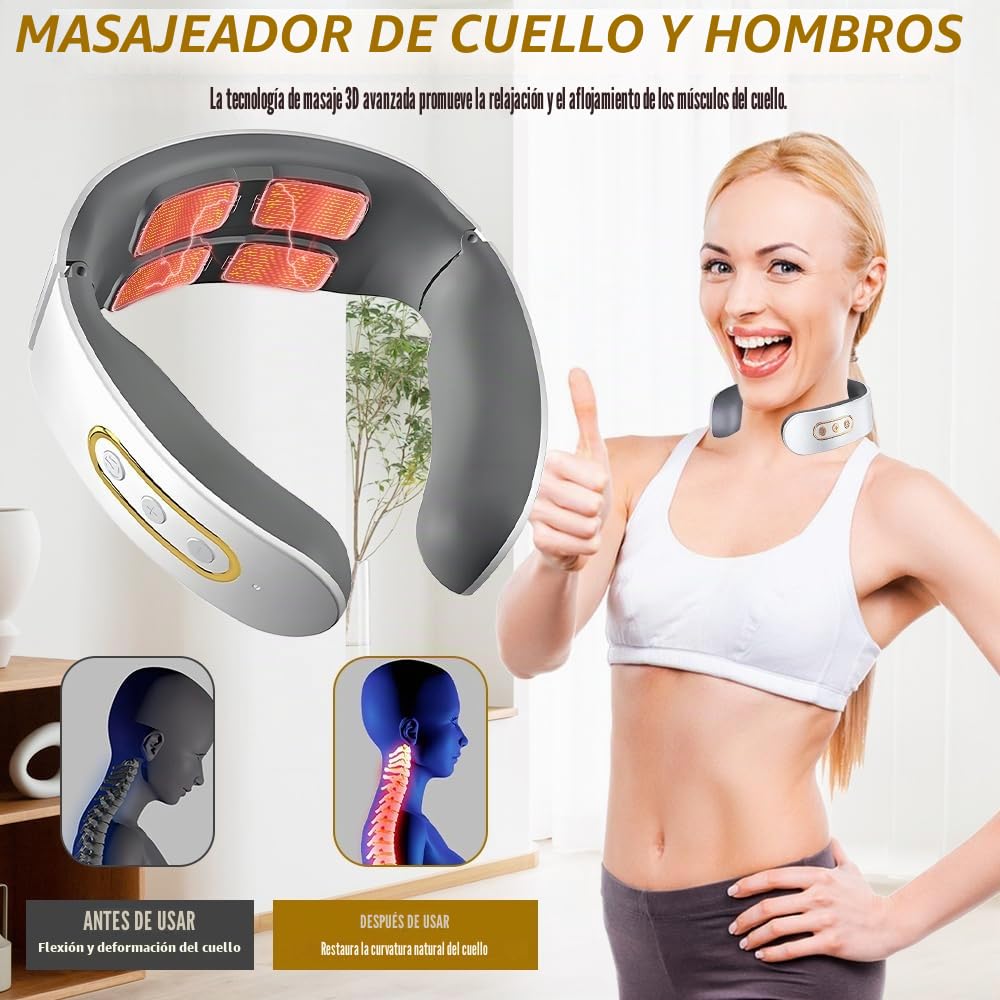 Masajeador Cuello Cervical, Masajeador Eléctrico Portátil con Terapia Calor 42°C, 6 Modos y 9 Niveles de Intensidad Adecuado para Viajes, Familia, Oficina