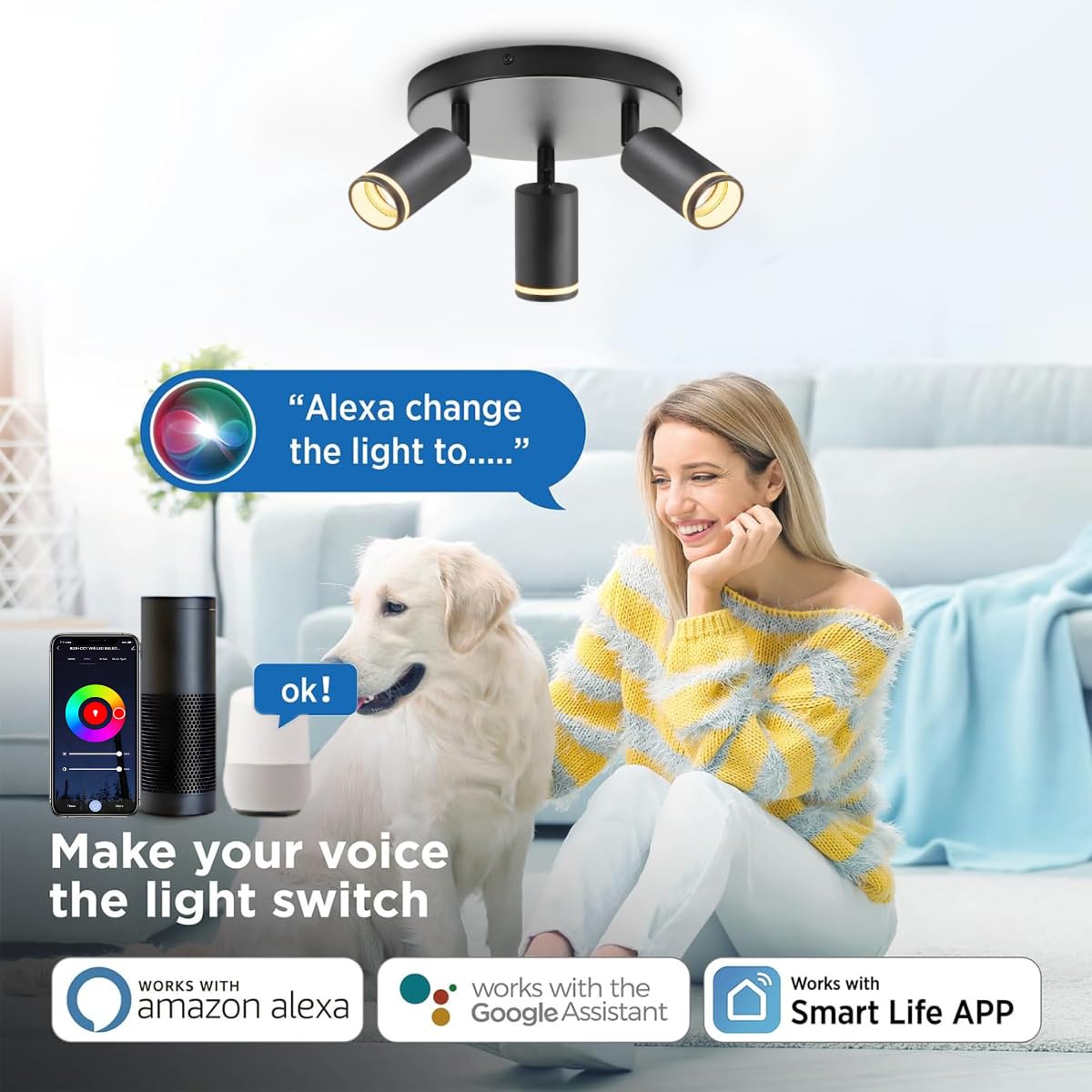 Smart Deckenstrahler 3 Flammig Rund, RGB LED Deckenspot Schwenkbar Kompatibel mit Alexa, Deckenleuchte mit Fernbedienung & APP, GU10 Deckenlampe für Wohnzimmer Schlafzimmer Küche (Mit Glühbirne)