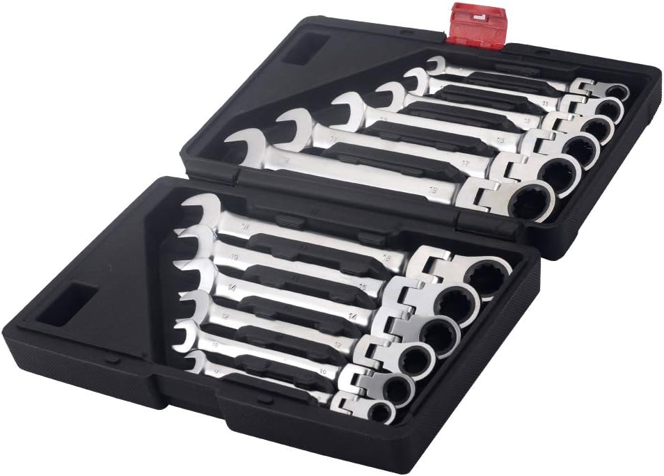 FLZOSPER 12pc. Tightspot Flex-Head Ratcheting Wrench Set，8-19mm Metric CR-V Quick Access Spanner with Portable Toolbox (12PC. Matt Flex Head Wrench)
