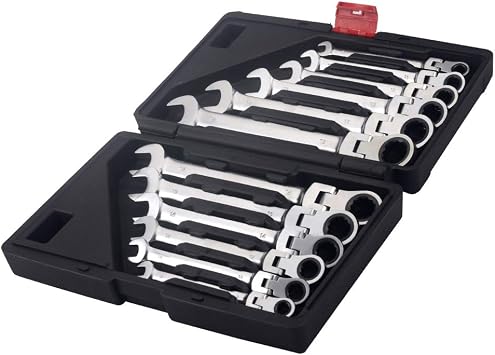 FLZOSPER 12pc. Tightspot Flex-Head Ratcheting Wrench Set,8-19mm Metric CR-V Quick Access Spanner with Portable Toolbox 12PC. Matt Flex Head Wrench