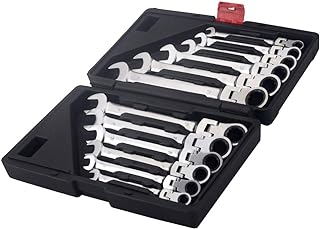 FLZOSPER 12pc. Tightspot Flex-Head Ratcheting Wrench Set，8-19mm Metric CR-V Quick Access Spanner with Portable Toolbox (12PC. Matt Flex Head Wrench)