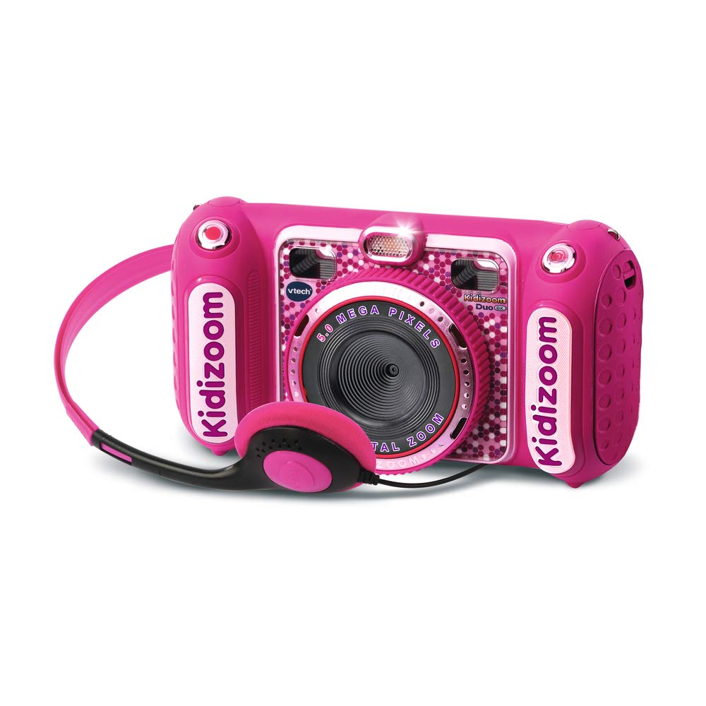 VTech - KidiZoom Duo DX Rose, fotocamera digitale per bambini 10 in 1, foto, selfie, video, schermo a colori, lettore MP3, cuffie audio, regalo per bambini dai 3 anni ai 12 anni - Contenuto in