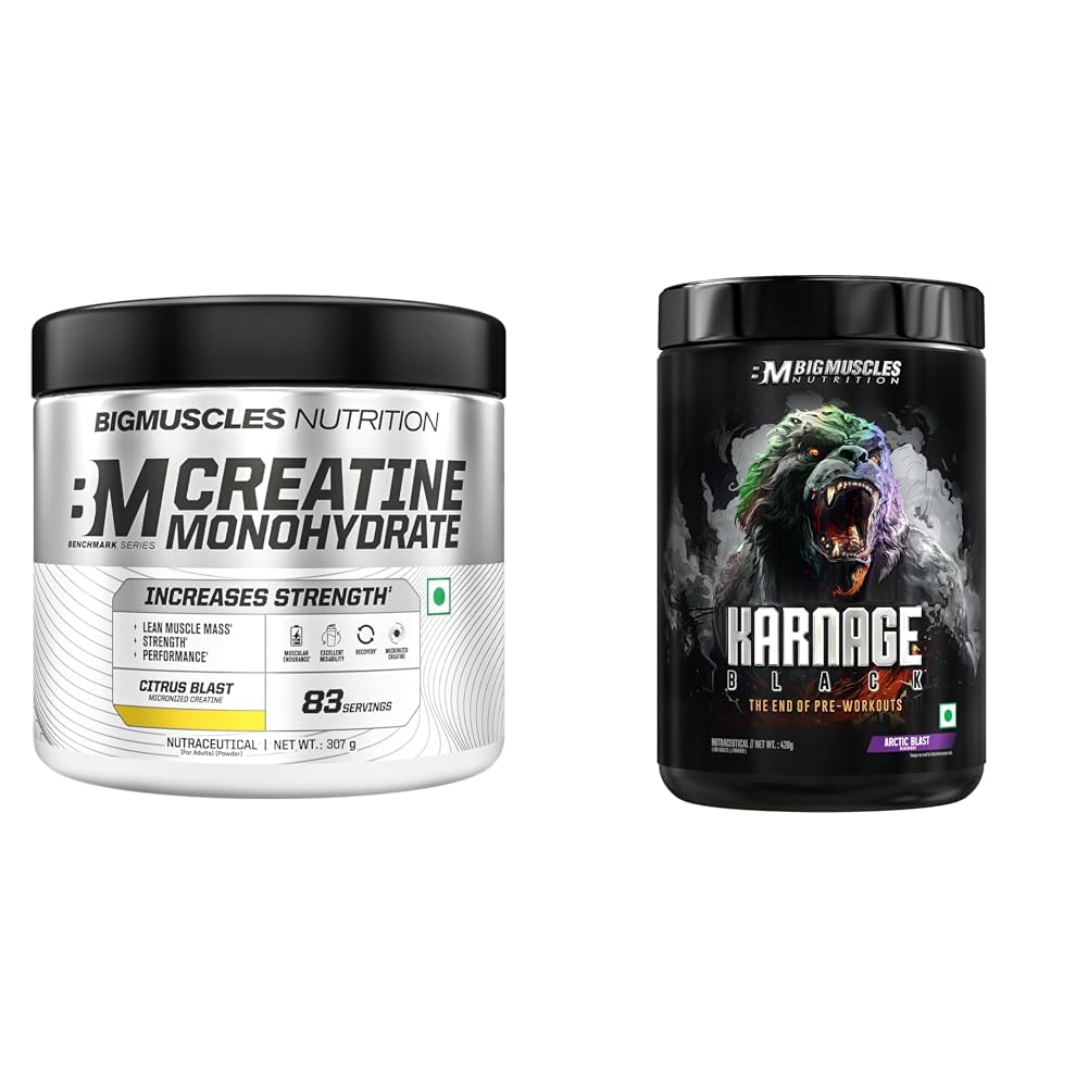 Bigmuscles Nutrition Creatine Monohydrate (83 Servings, Citrus Blast) | Micronised Creatine Powder | Bigmuscles Nutrition Karnage Black Preworkout [Arctic Blast, 420g] | Massive Pump | Laser Focus |-image-46