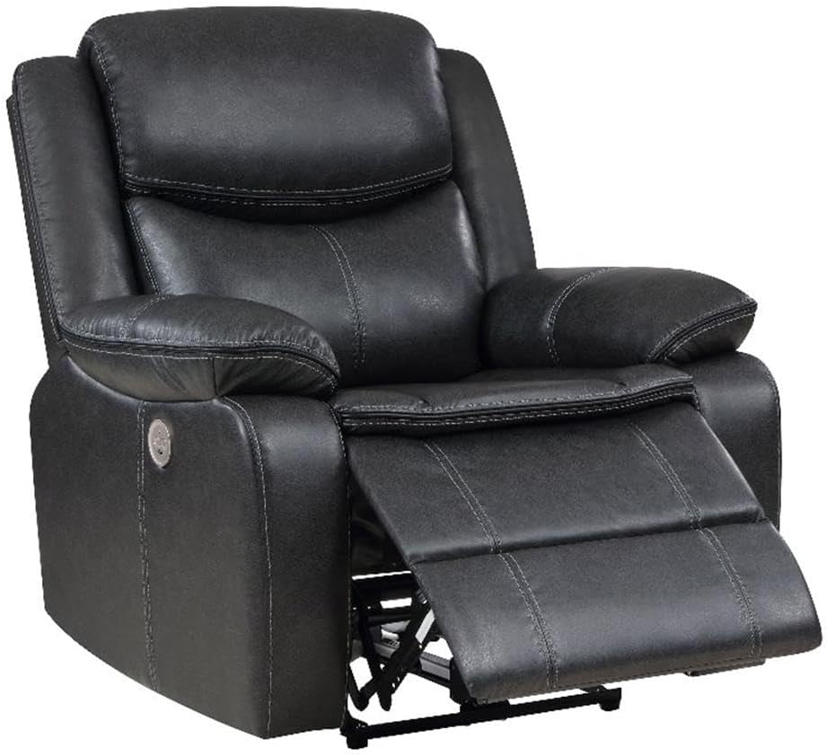 Pemberly Row Faux Leather Power Recliner Chair, Dark Gray Upholstery, 40.25" H x 39.25" W x 37.5" D, USB Port, Tufted Cushions, Pocket Coil Seat, Modern Living Room or Den Reclining Chair