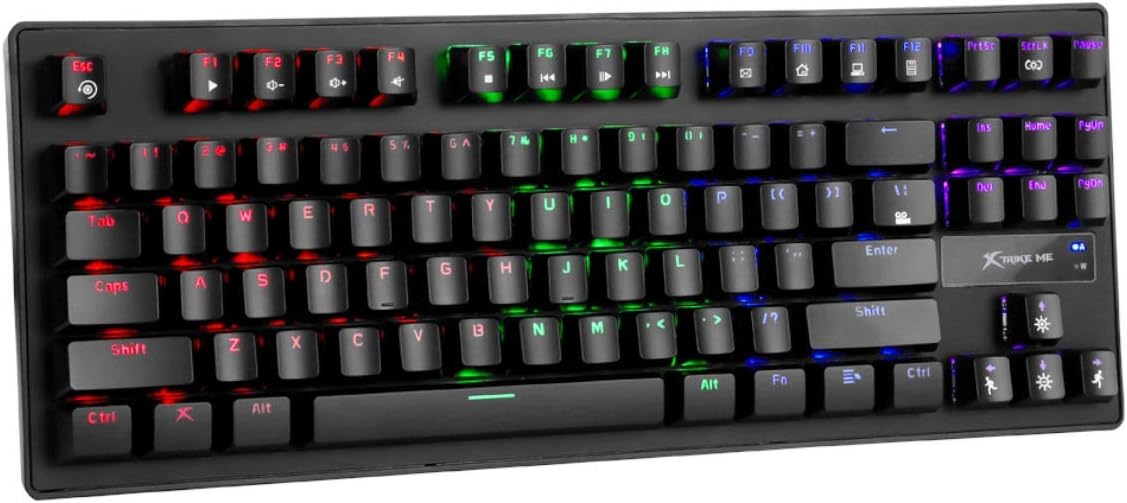 Vinklet view of the Xtrike Me GK-979 keyboard with keys illuminated in various colors.