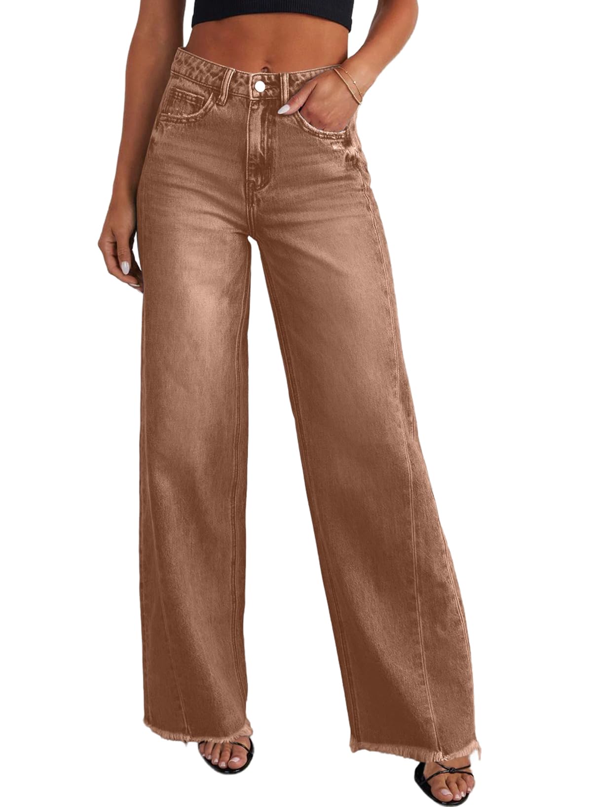 Sidefeel Women's Wide Leg Jeans High Waisted Strechy Raw Hem Zimbaplatinum Denim Pants